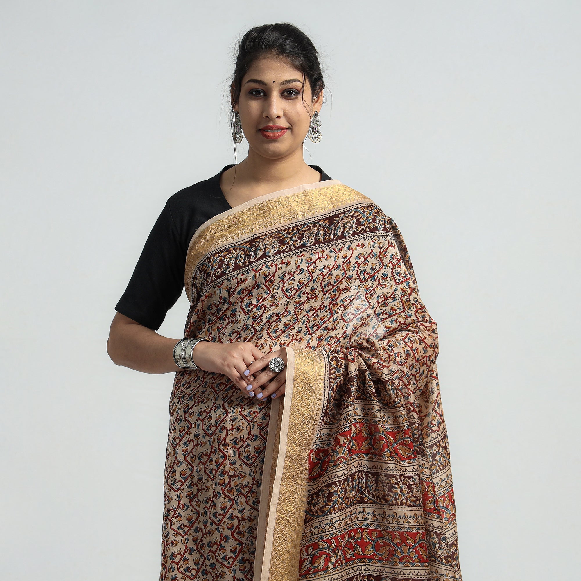 VENKATA BHANU KALAMKARI PEDANA Brown - Original Pedana Kalamkari Block Print Silk Saree - view 2