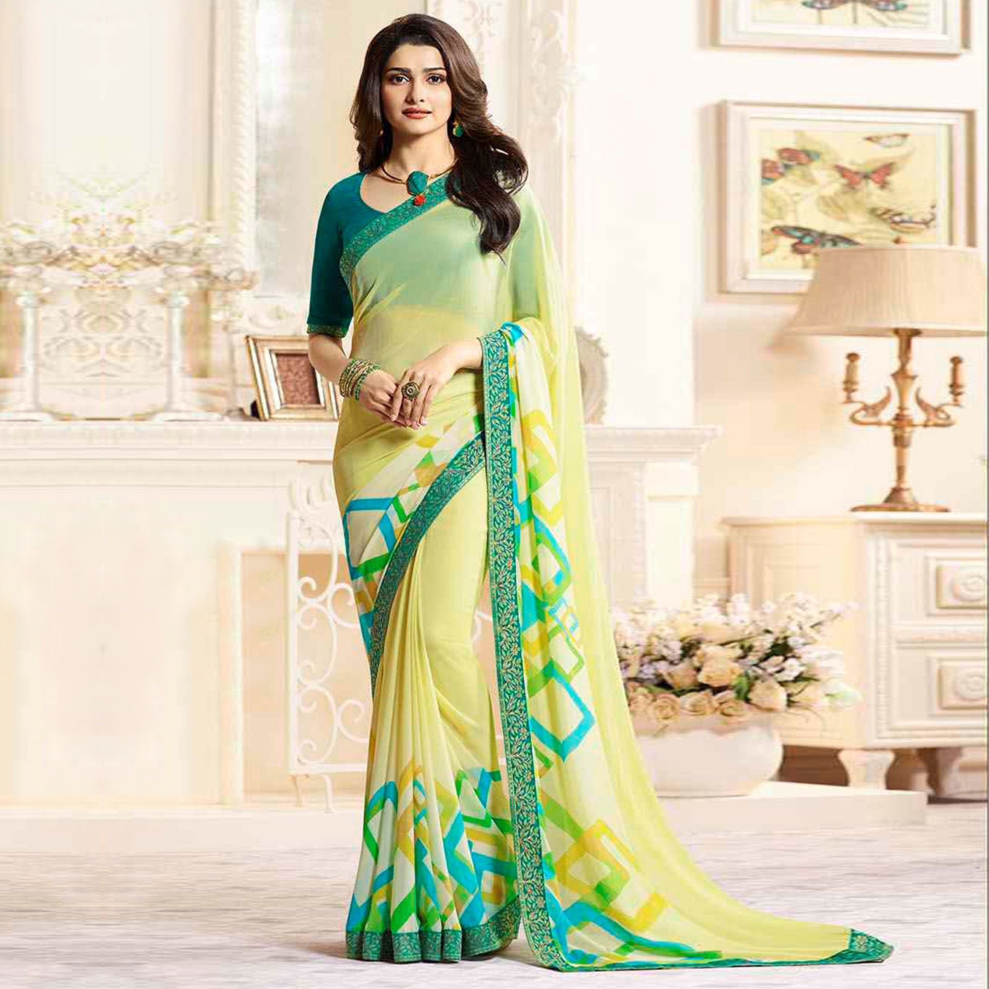 Peachmode Lemon Yellow Printed Georgette Saree With Lace Border - view 2