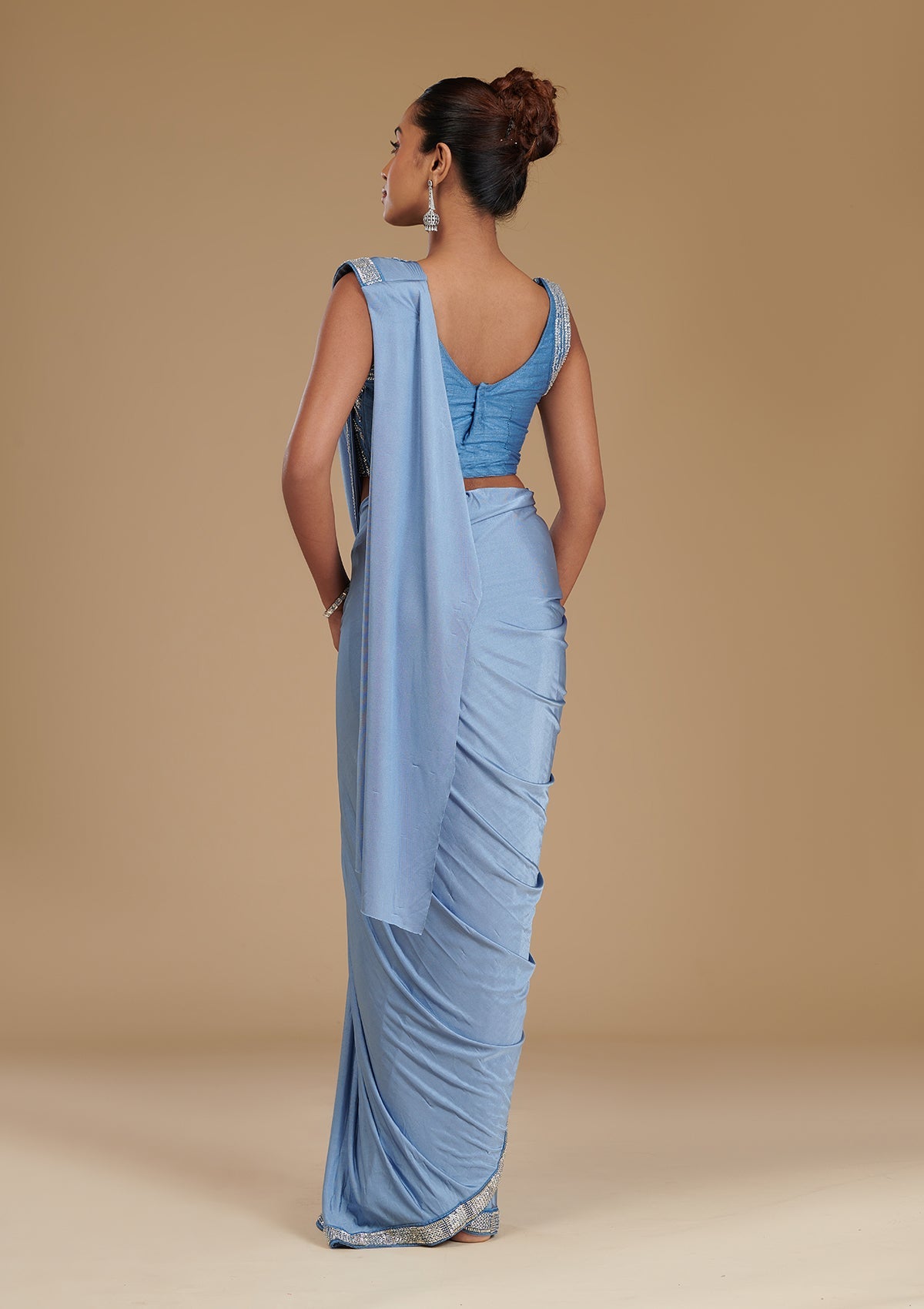 Koskii Grey Sequins Satin Readymade Saree – Women's - view 3