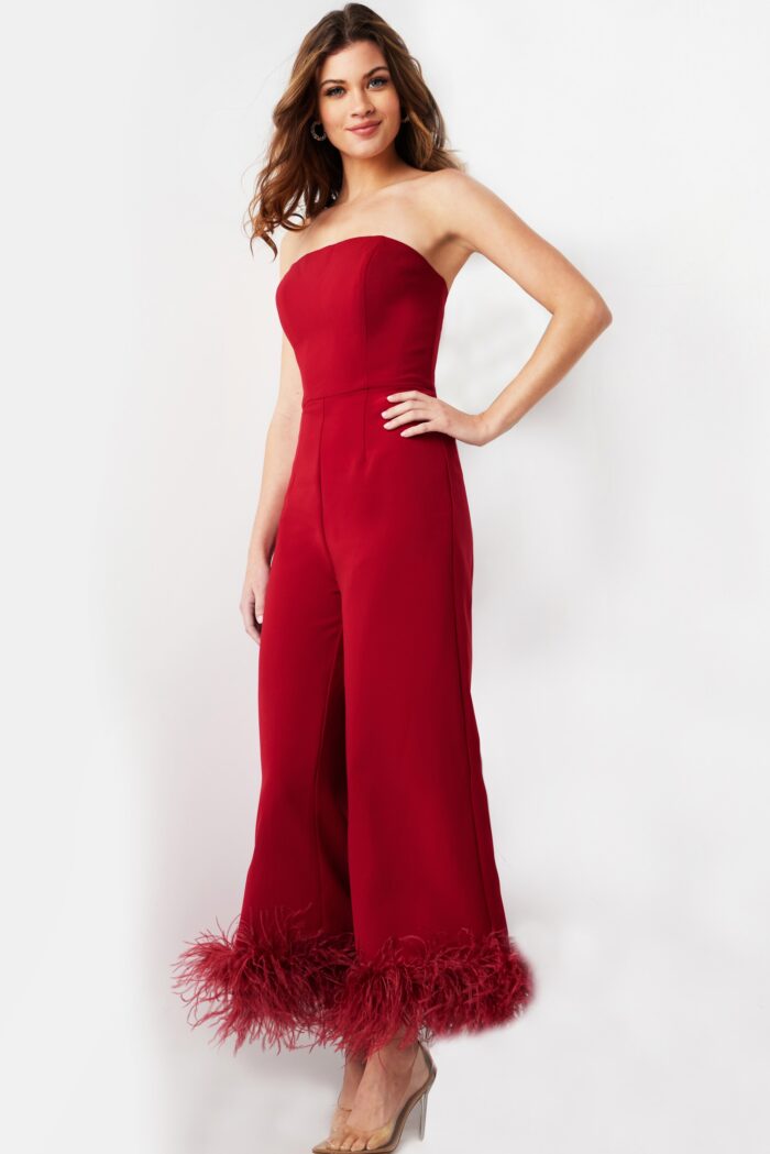Jovani 22590 Long Evening Feather Formal Jumpsuit - view 3