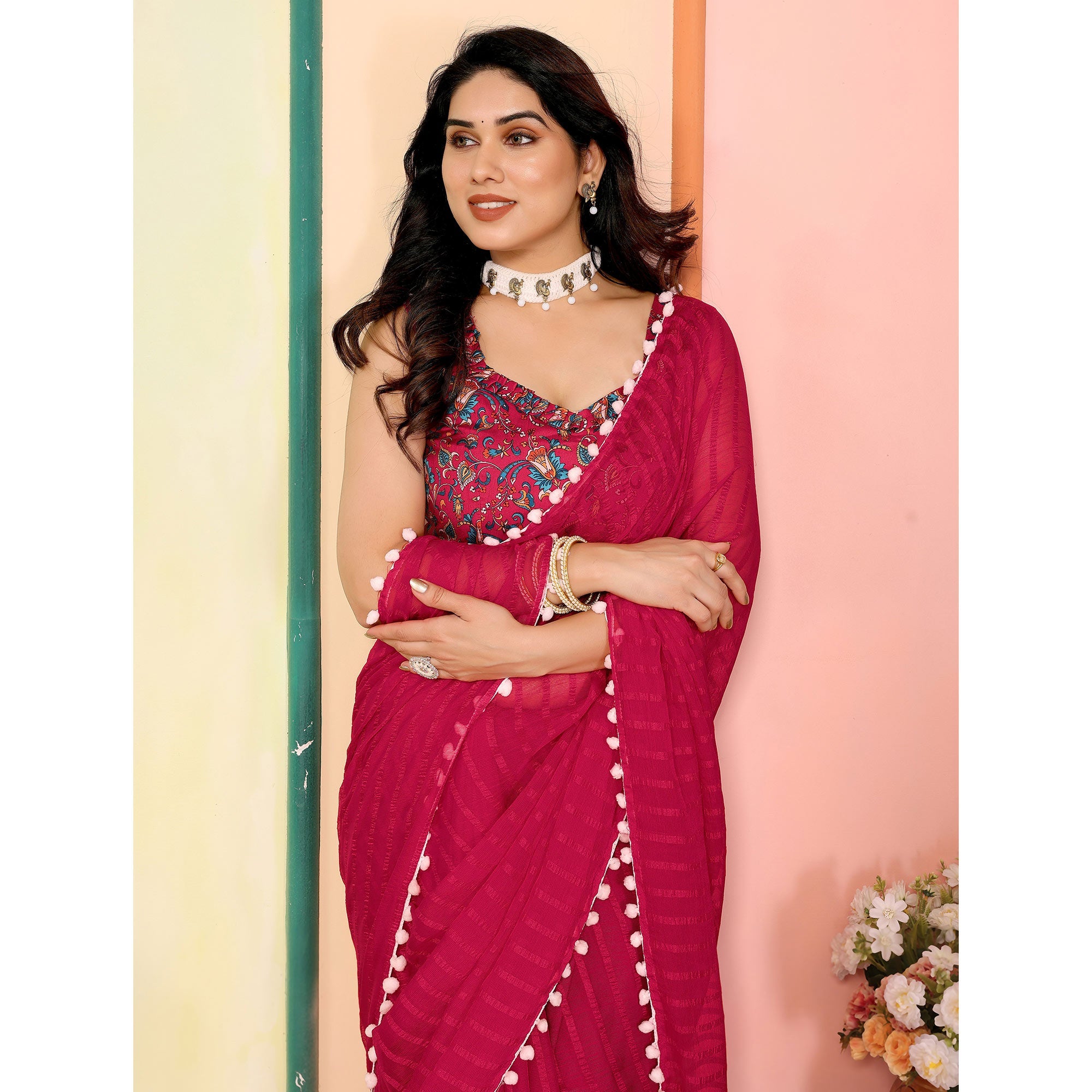 Peachmode Pink Woven Striped Pattern Georgette Saree - view 5