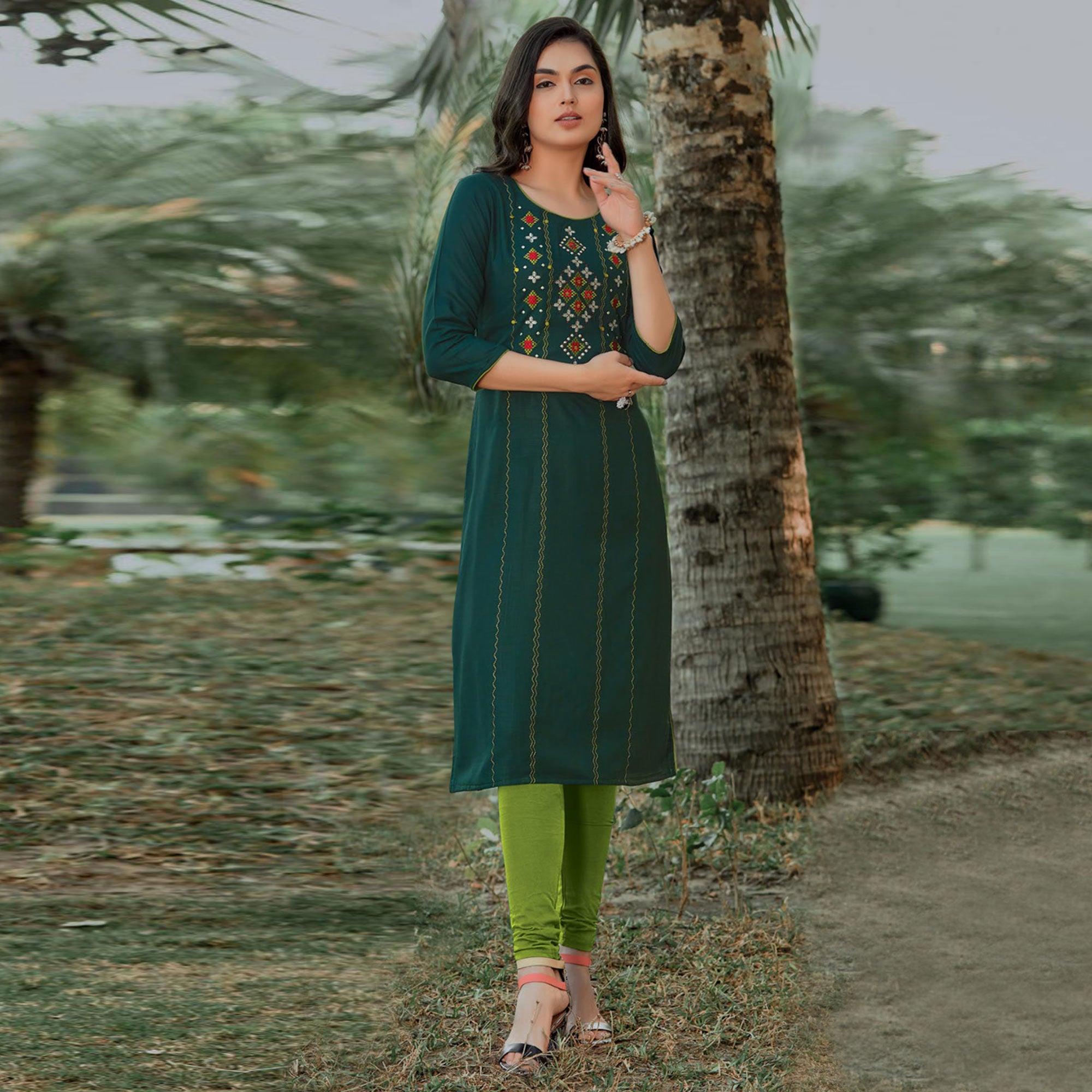 Peachmode Seller Bottle Green Embroidered Pure Cotton Kurti - view 2