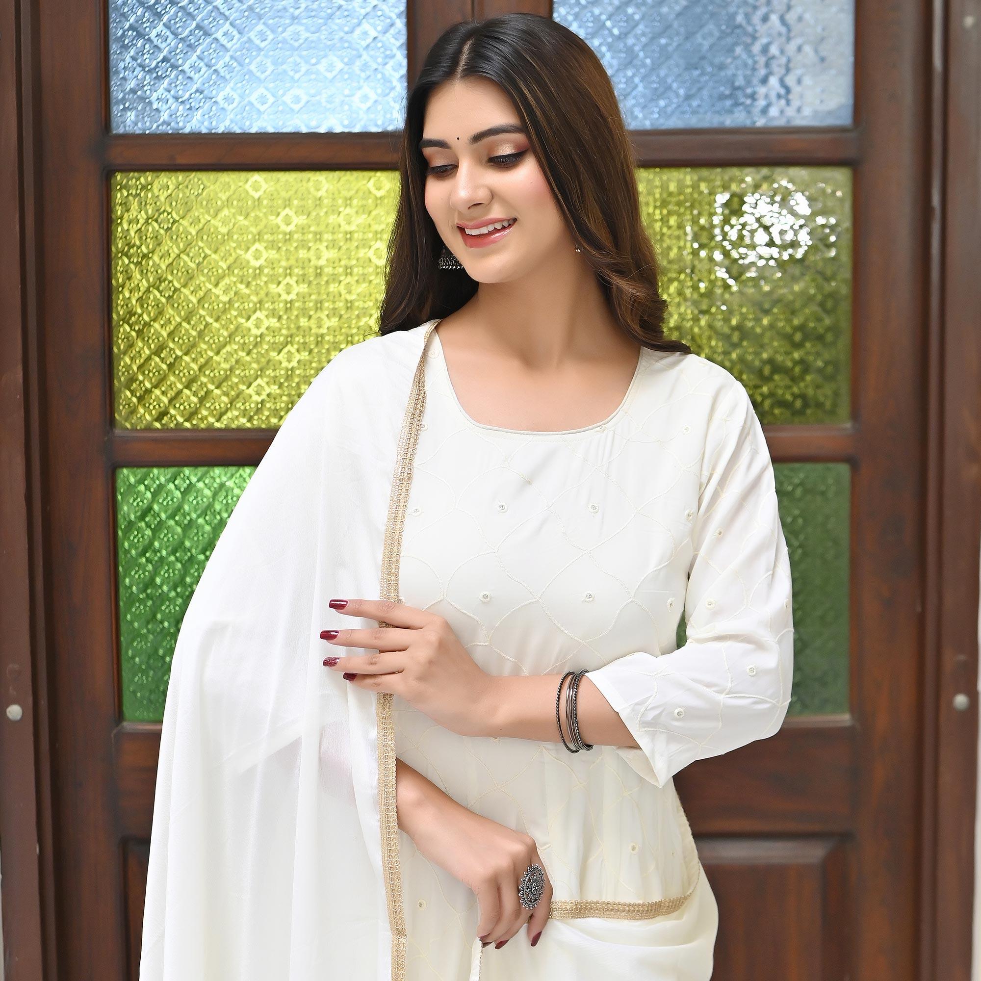 Peachmode Cream Chikankari Embroidered Georgette Gown - view 8