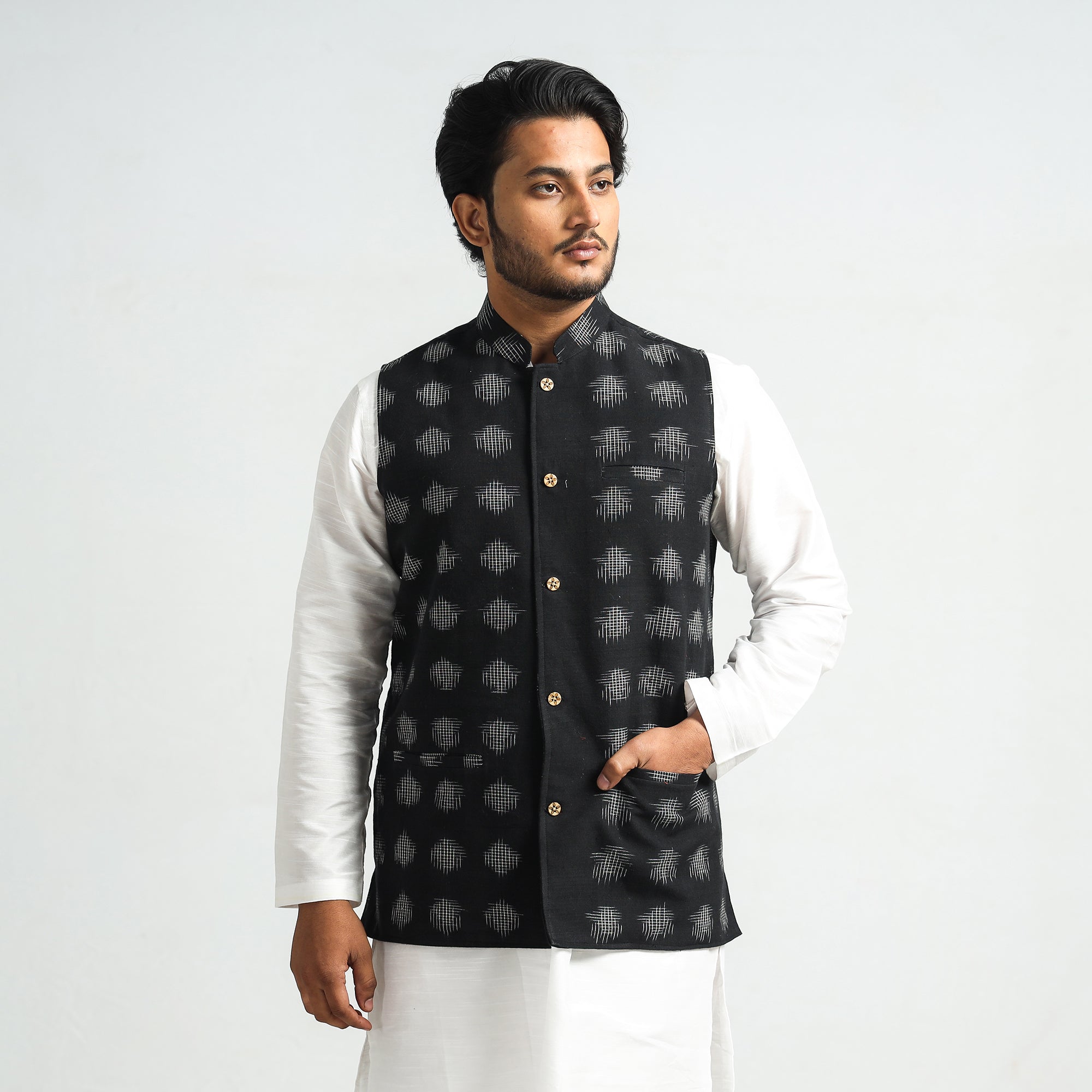 ITOKRI CASUALS Black - Pochampally Double Ikat Handloom Cotton Men Nehru Jacket