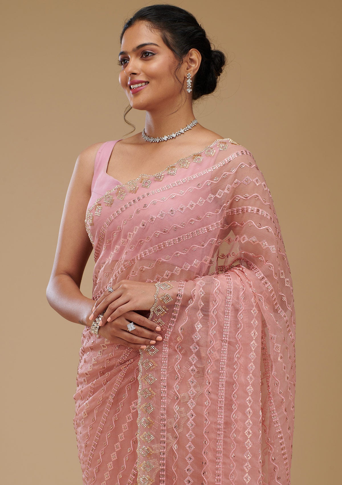 Koskii Peach Cutdana Chiffon Saree – Women's - view 7
