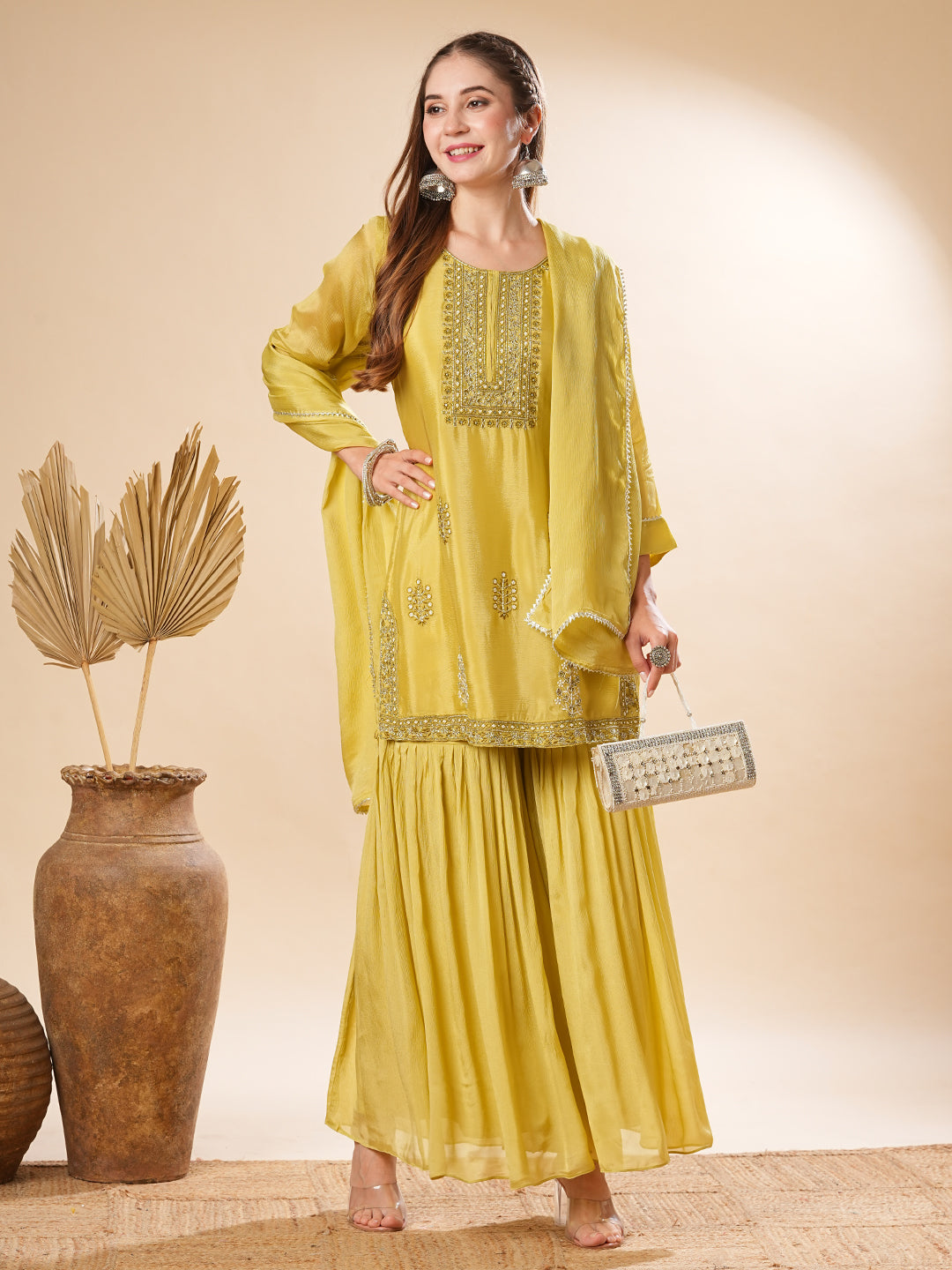 Fashor Solid Zardozi & Stones Embroidered Kurti with Sharara & Dupatta - Lime Green