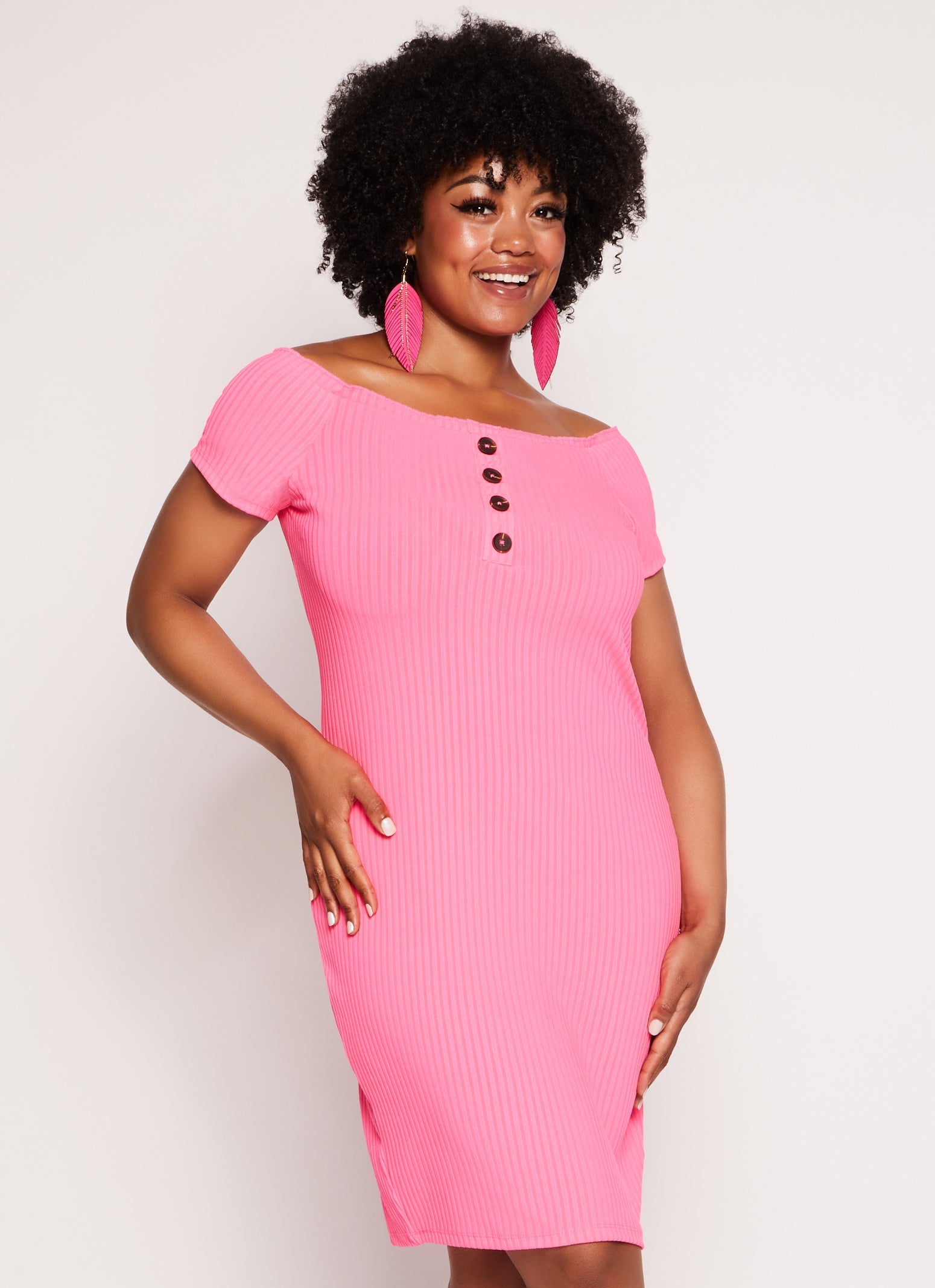 Rainbow Shops Plus Size Lettuce Edge Off the Shoulder Midi Dress