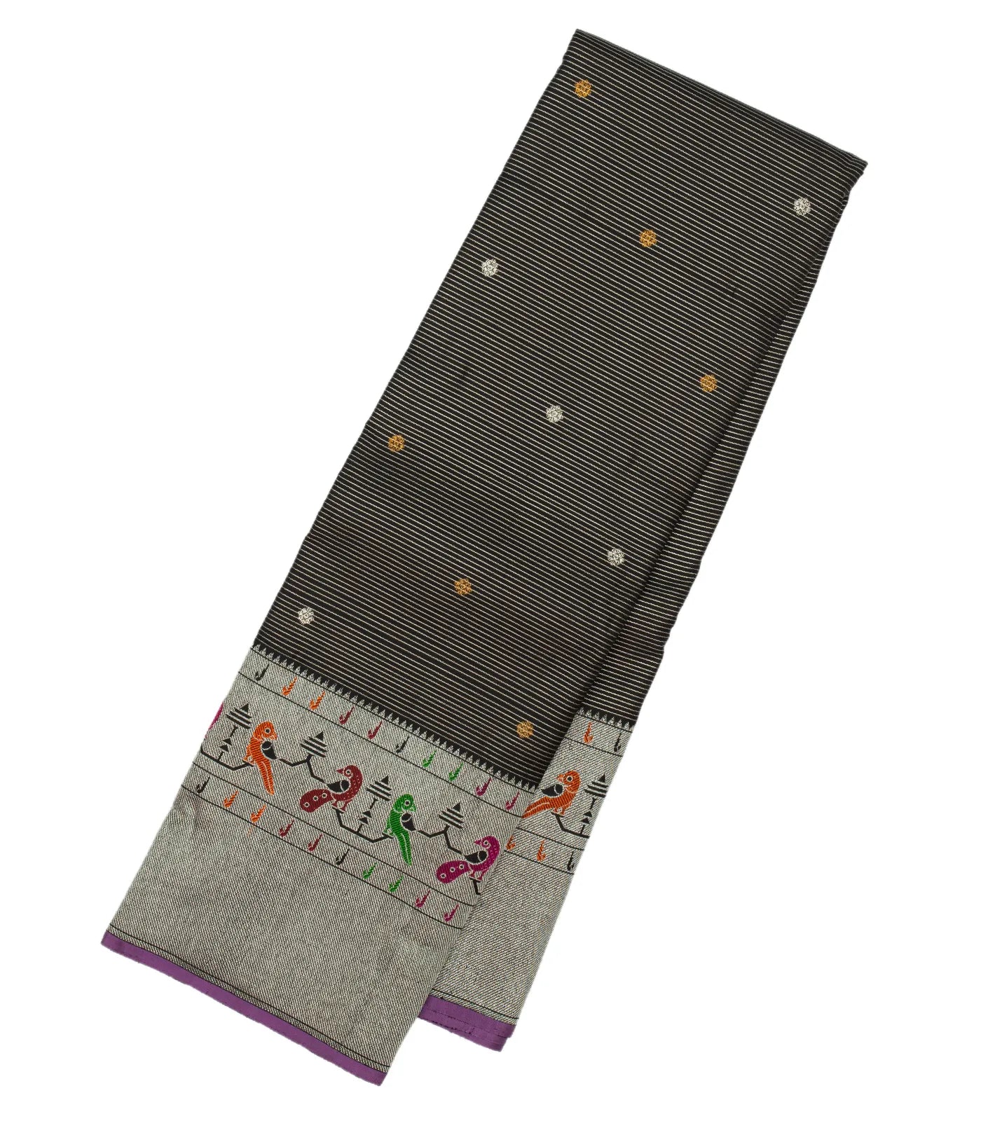 RmKV Black Handloom Kanchipuram Silk Saree With Zari Stripes & Buttas