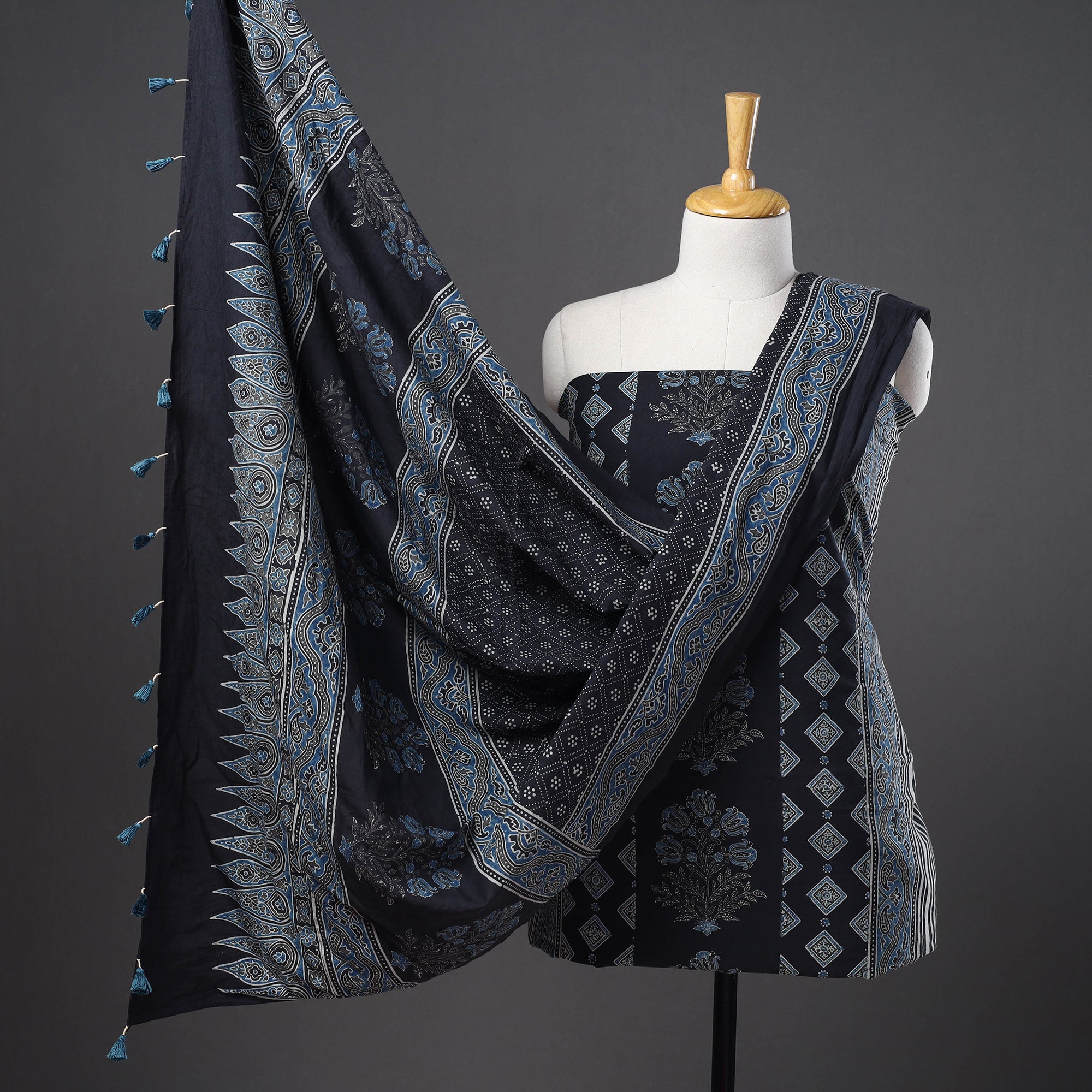 AJRAKH BY SUFIYAN ISMAIL KHATRI Black - Hand Block Print Cotton 3pc Ajrakh Dress Material 10