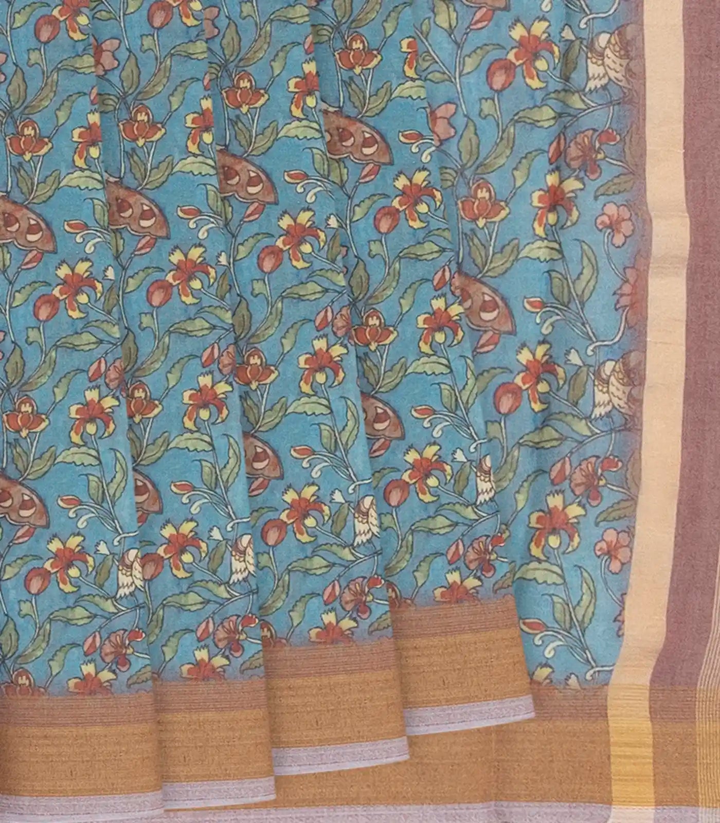 RmKV Light Blue Woven Blended Dupion Saree With Printed Floral Vine Motifs-Light Blue