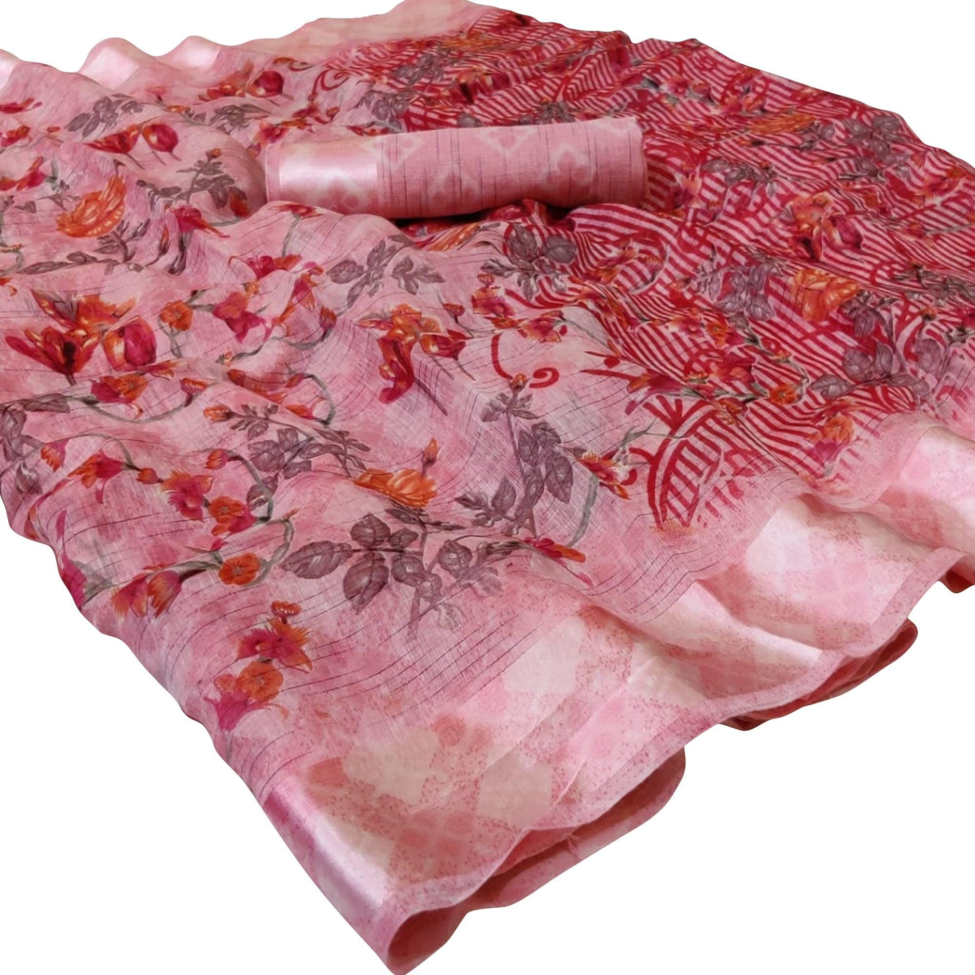Peachmode Captivating Pink Colored Casual Wear Floral Printed Linen Saree