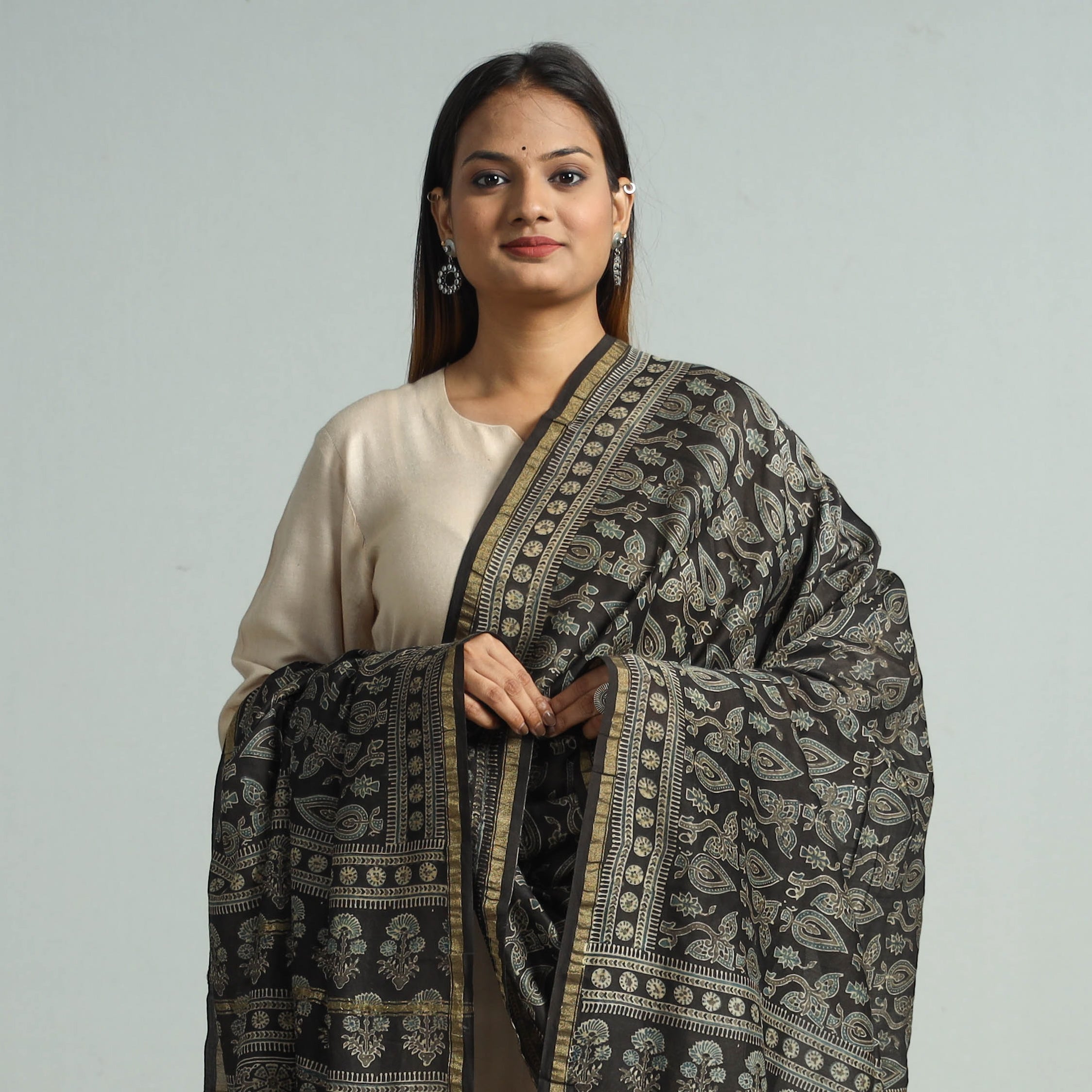 KACHCHH JI CHHAAP Black - Hand Block Print Chanderi Silk Ajrakh Dupatta 77 - view 3