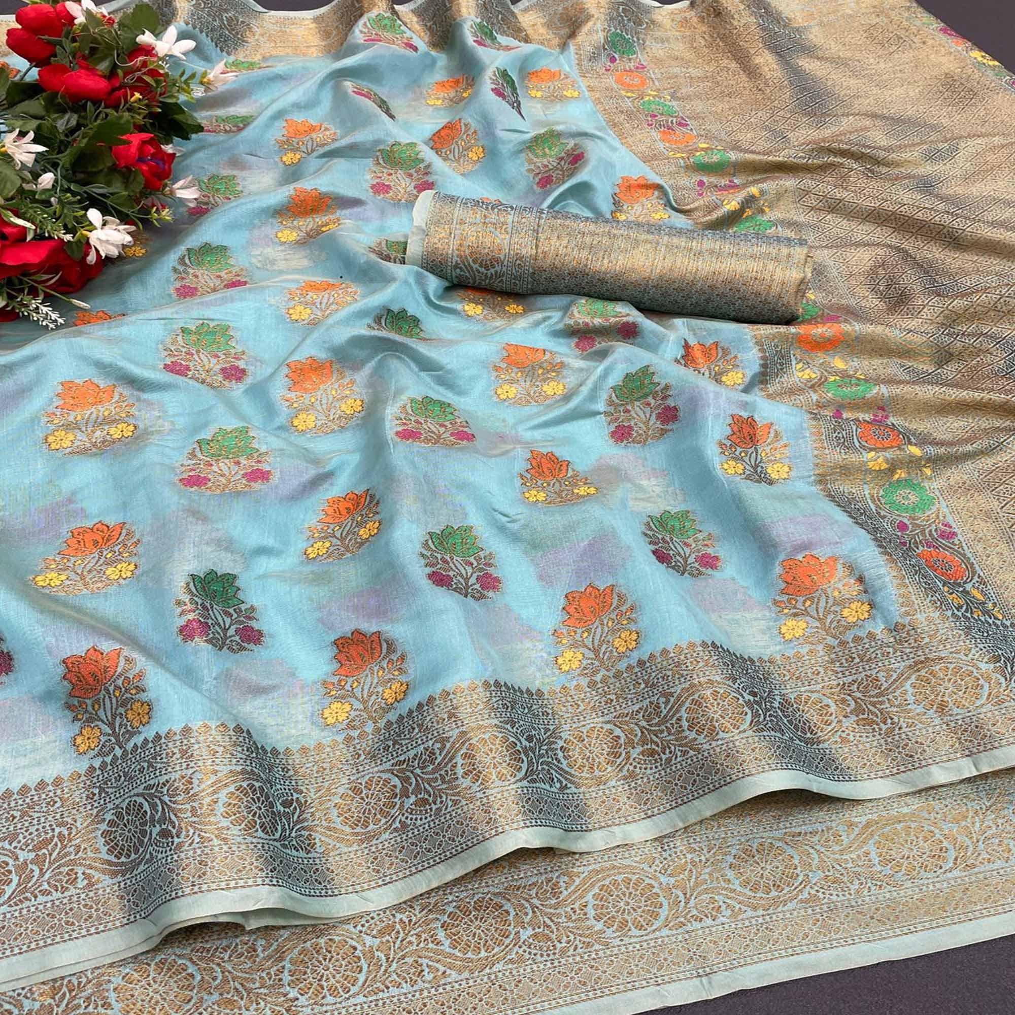 Peachmode Firozi Festive Wear Floral Woven Pure Soft Organza Saree