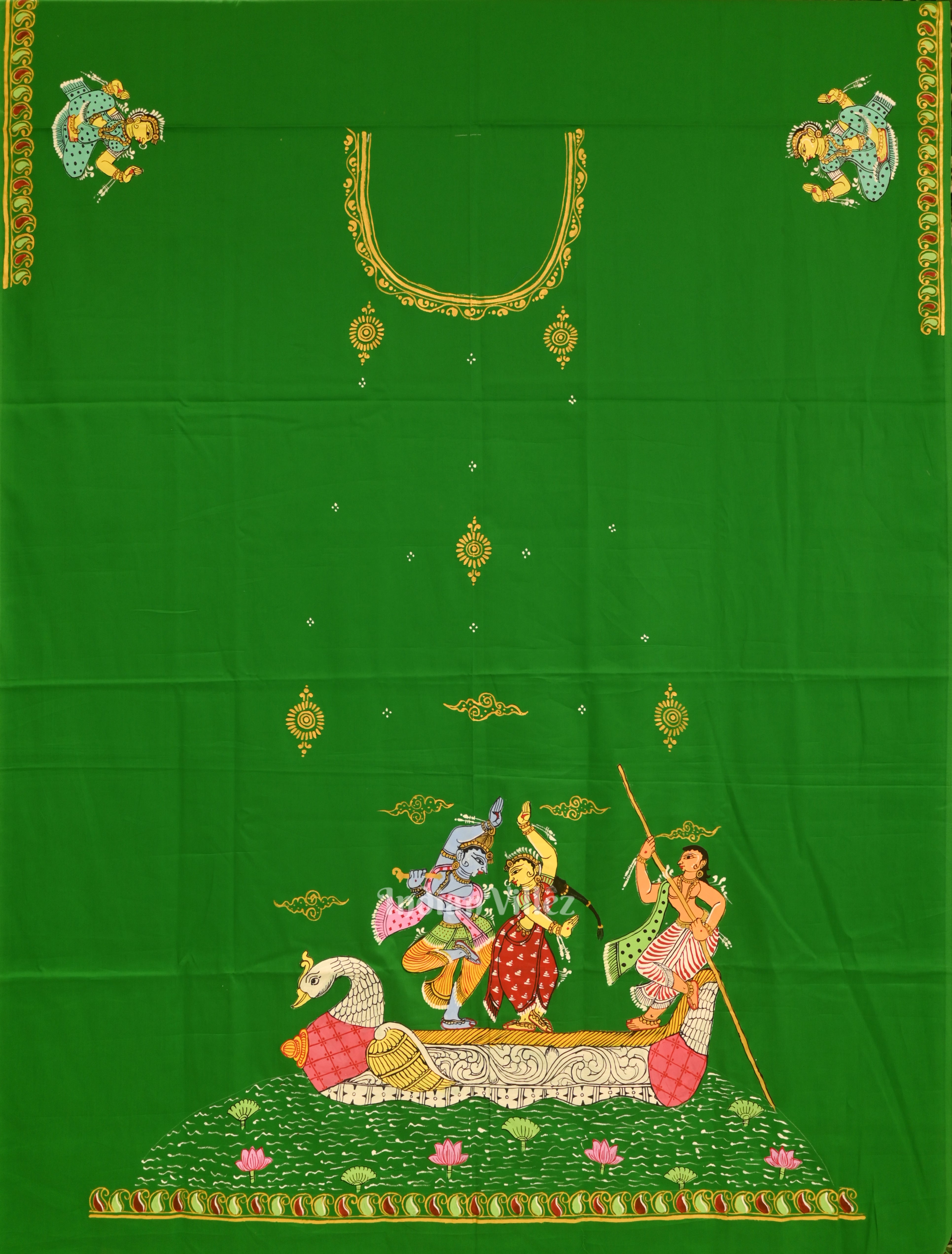 IndianVillèz Green Boita Radha Krishna Theme Pattachitra Kurti Dress Material