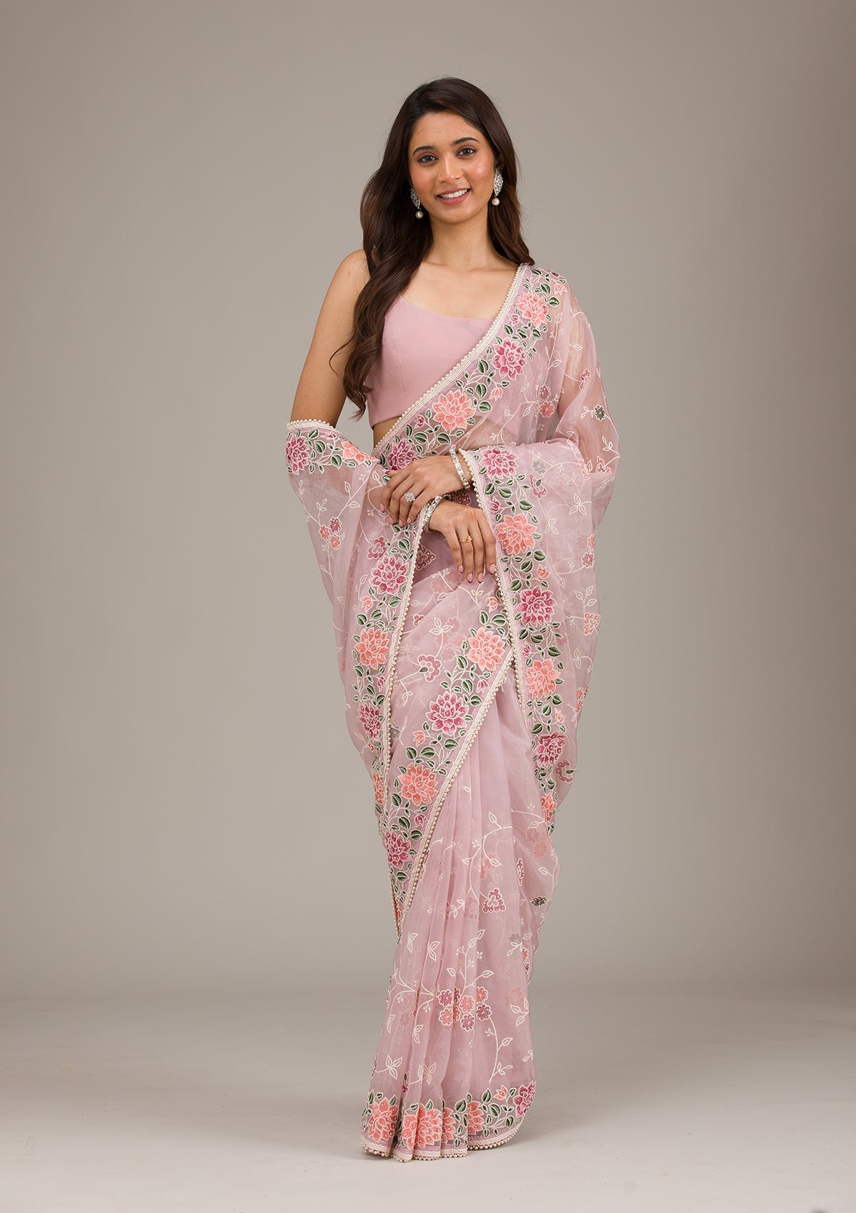Koskii Onion Pink Threadwork Organza Saree – Women's - view 5
