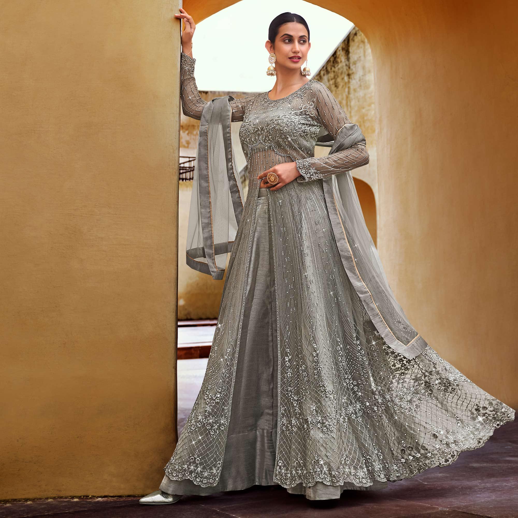 Peachmode Grey Partywear Embroidered with Swarovski Soft Net Suit