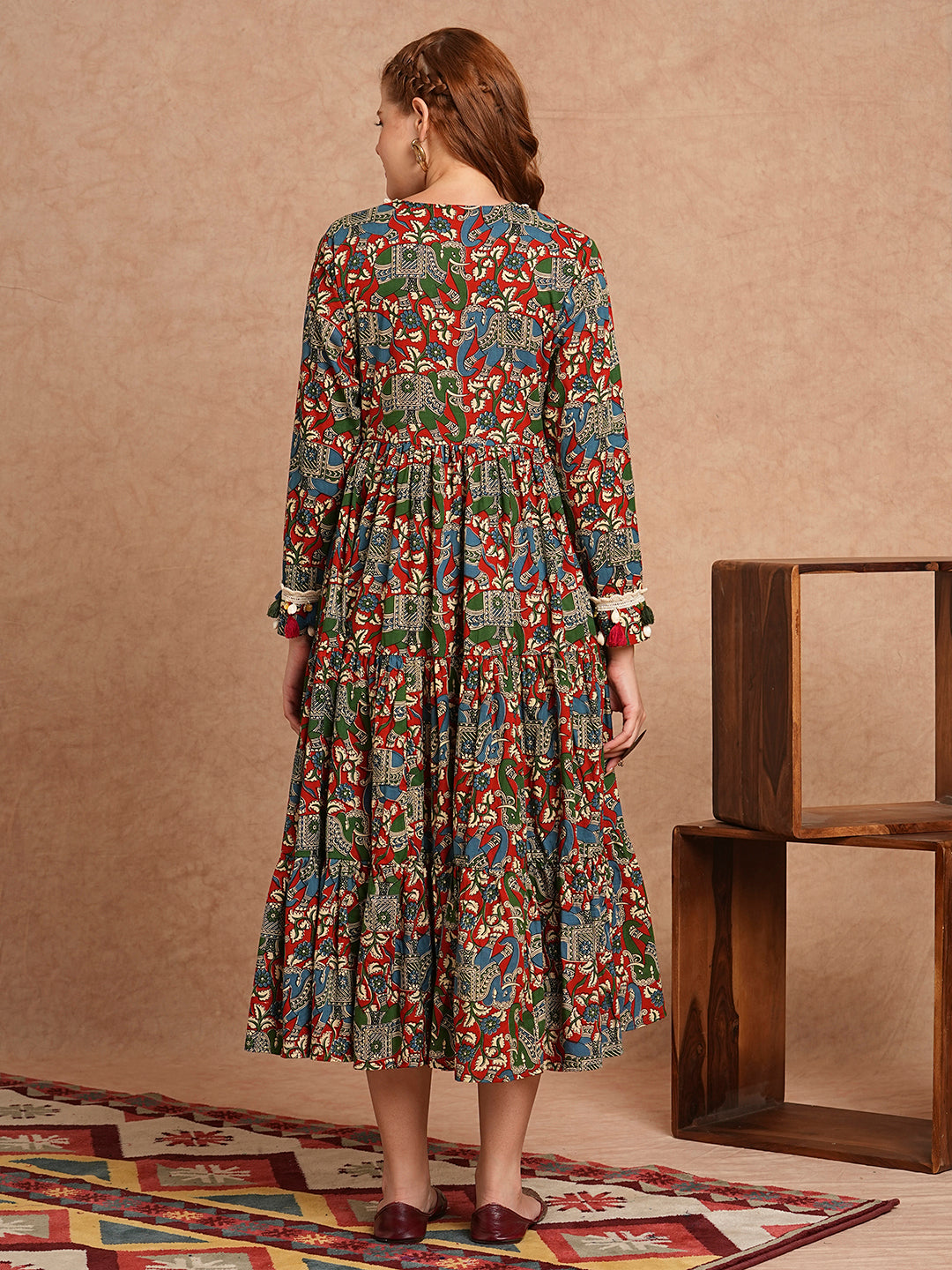 FASHOR Ethnic Animal Printed Embroidered A-Line Pleated Tiered Flared Midi Dress - Multi - view 6