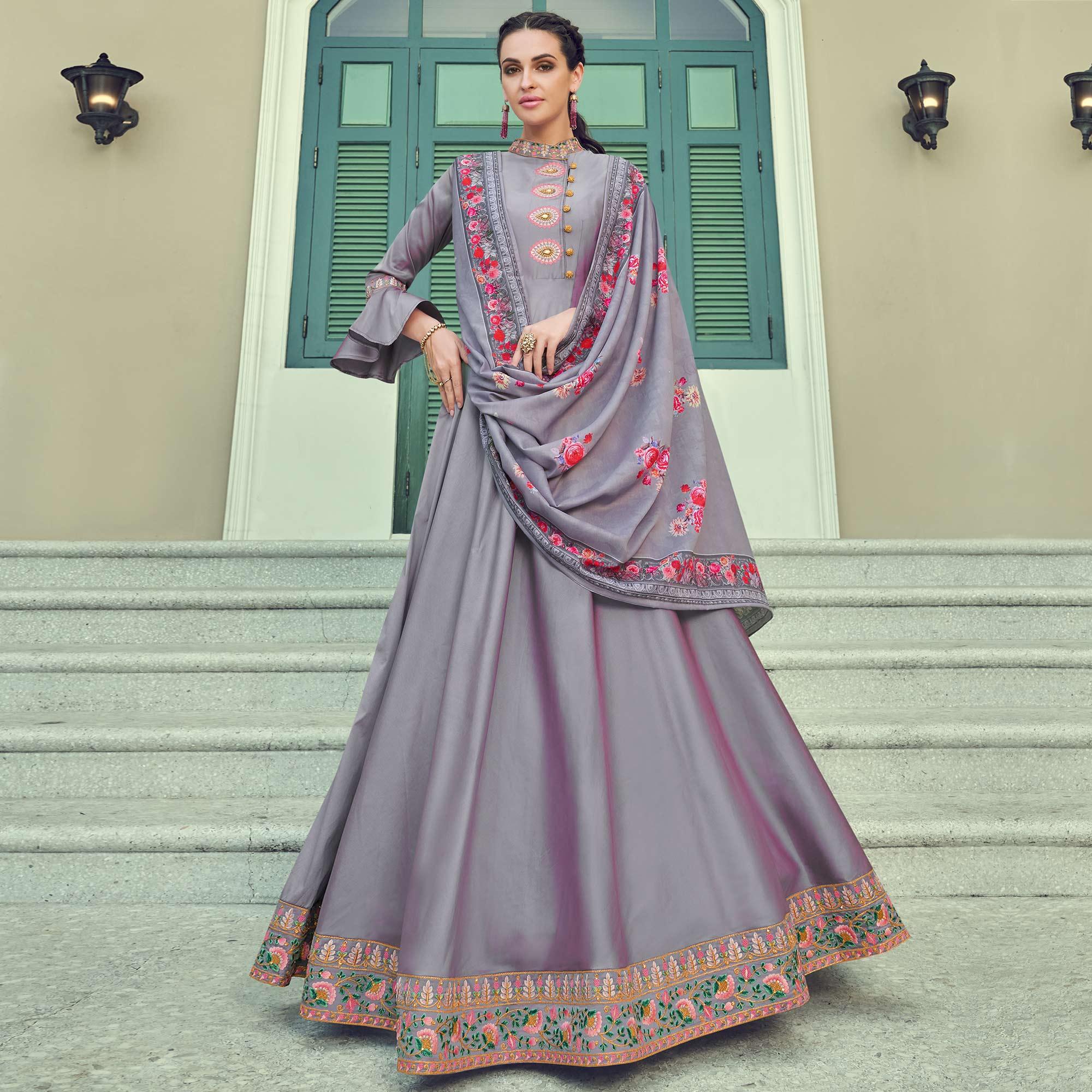 Peachmode Seller Charming Pink Coloured Embroidered Party Wear Taffeta Gown