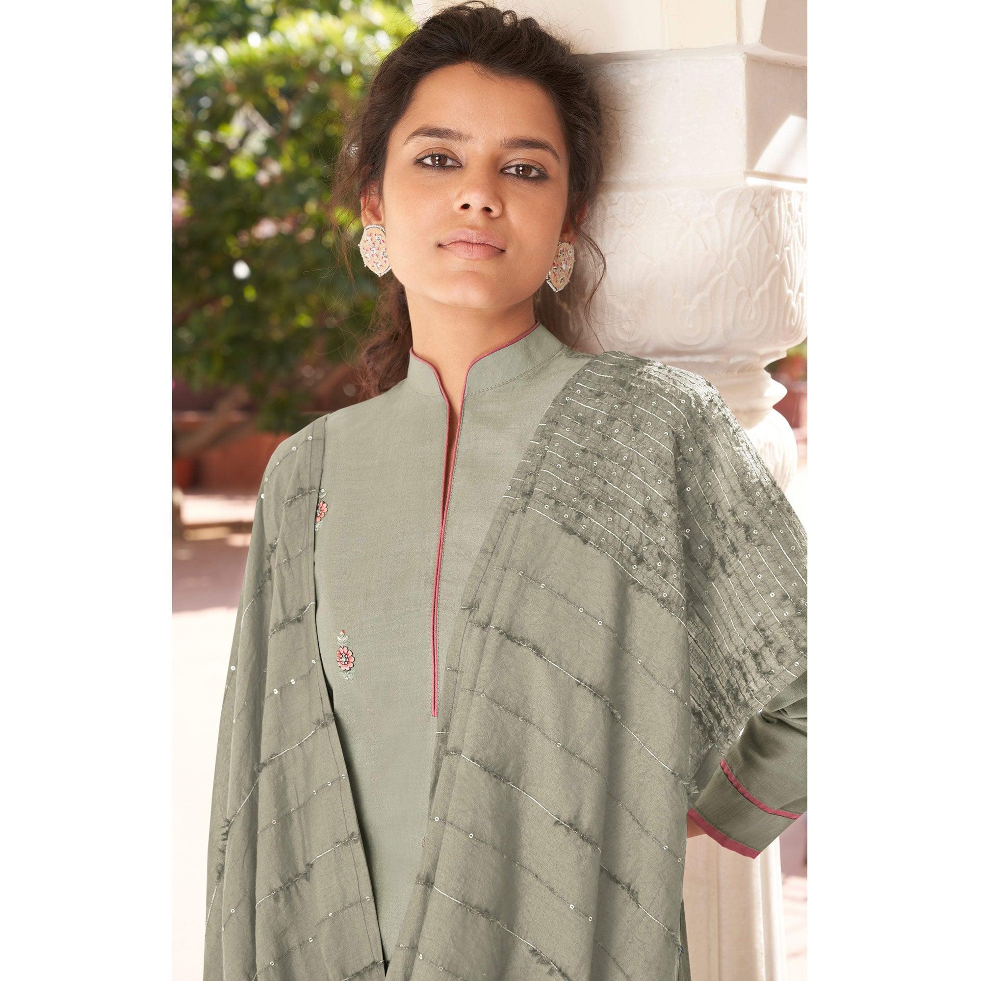 Peachmode Seller Light Grey Casual Wear Embroidered Pure Modal Viscose Palazzo Suit - view 2