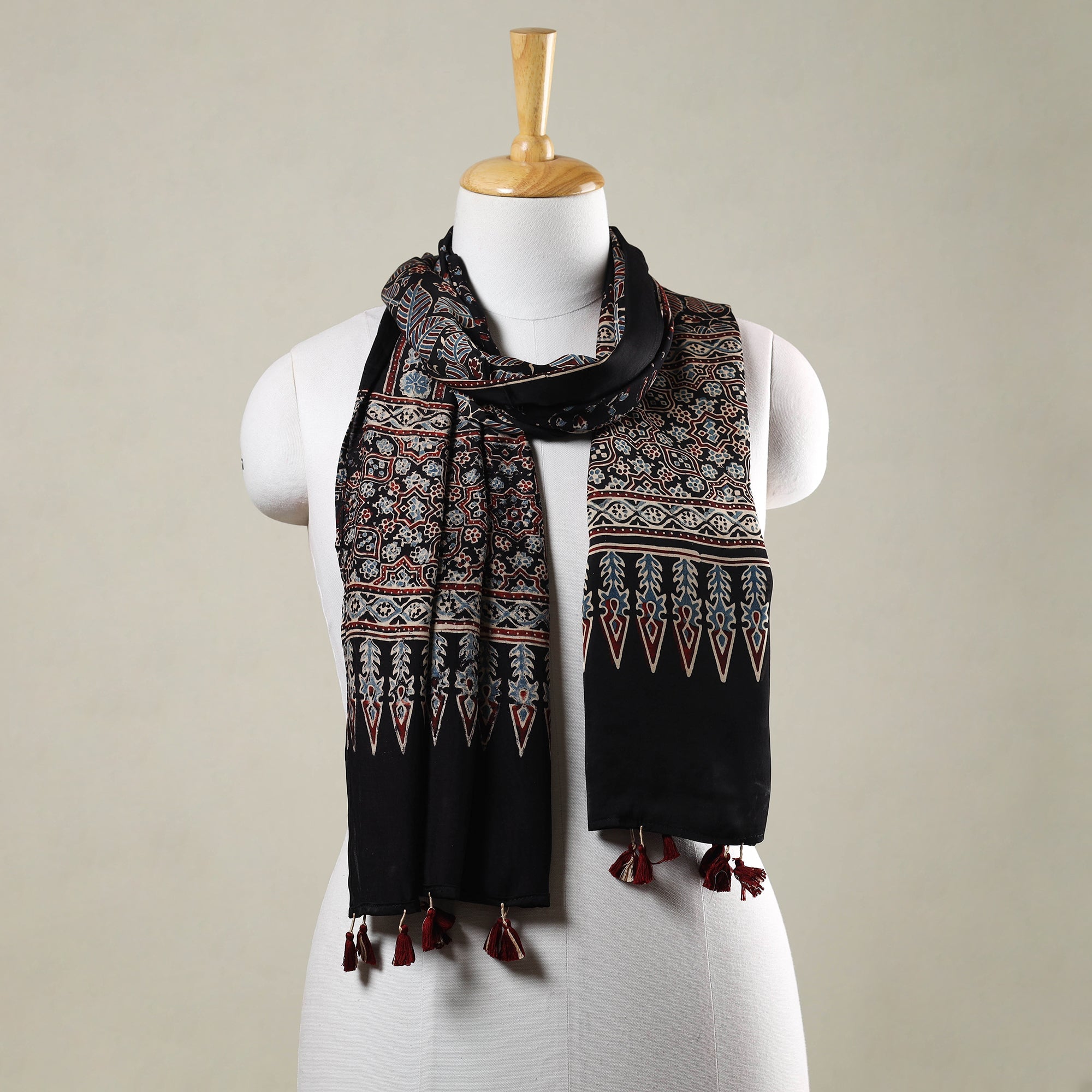 RIYAZ ABDULMAJID KHATRI - AJRAKH Black - Ajrakh Hand Block Printed Modal Silk Stole with Tassels