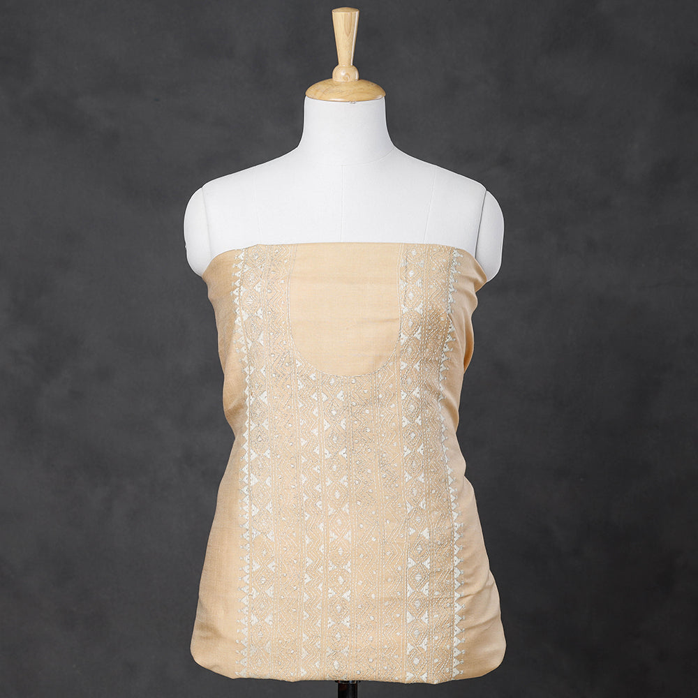 KHUSHBASH - HAPPY LOOM OF EAST Beige - Bengal Kantha Embroidery Silk Cotton Kurti Material - 2.6 M