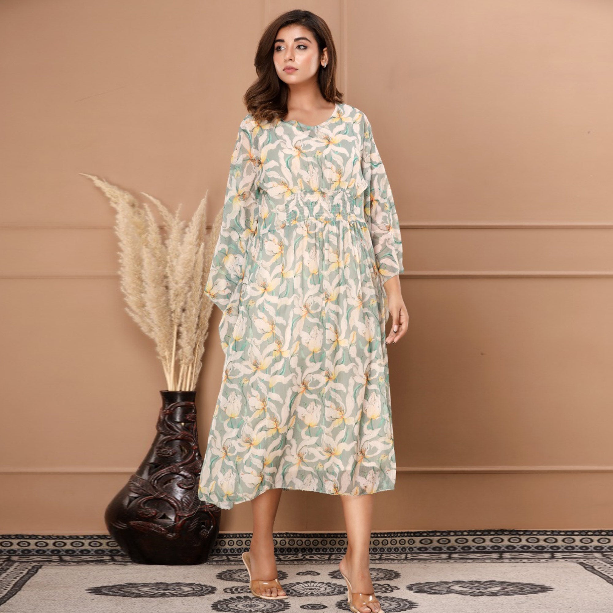 BlackTree green-floral-printed-chiffon-dress - view 2