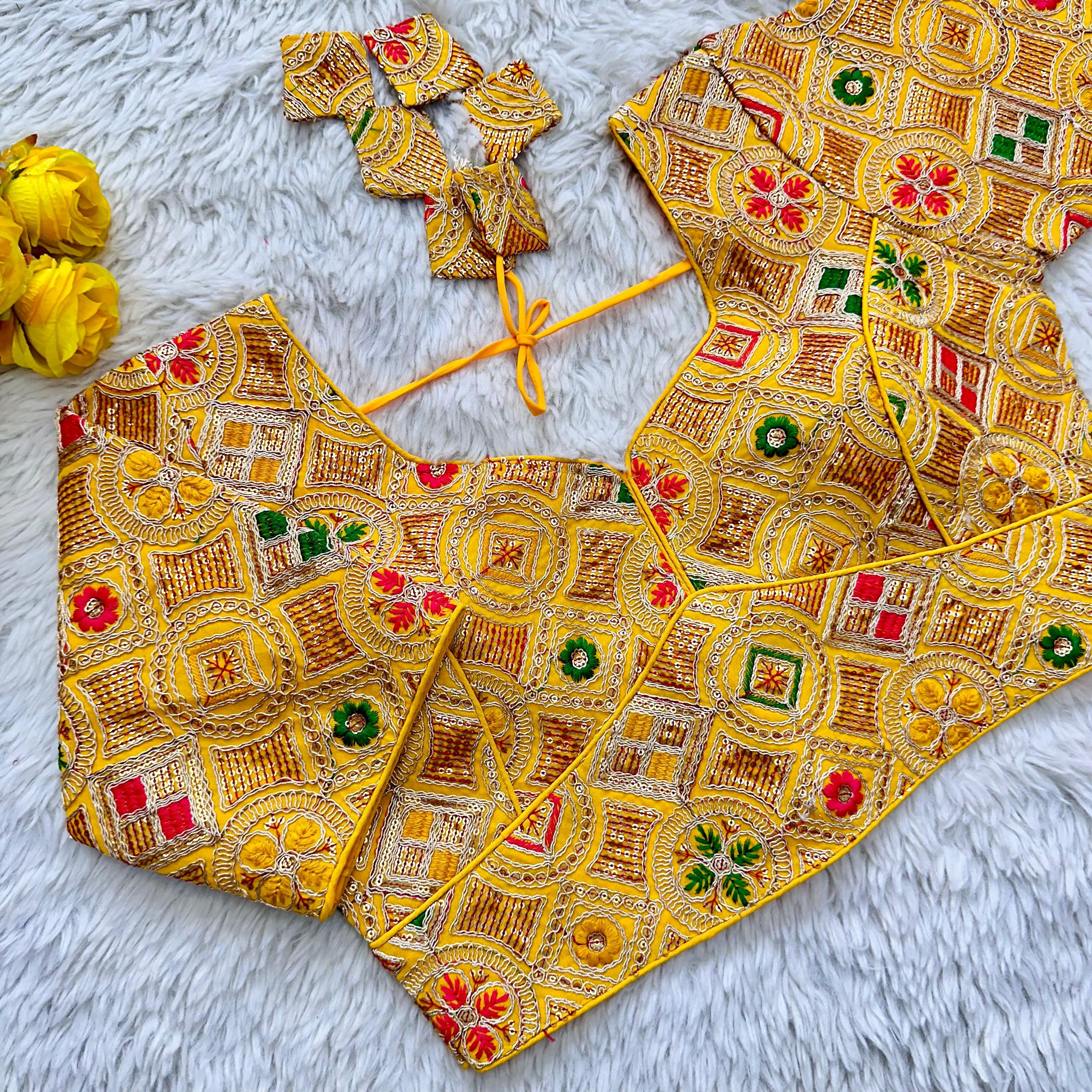 ClothsVilla Yellow Heavy Cording Work Pure Georgette Blouse with Multicolor Embellishments