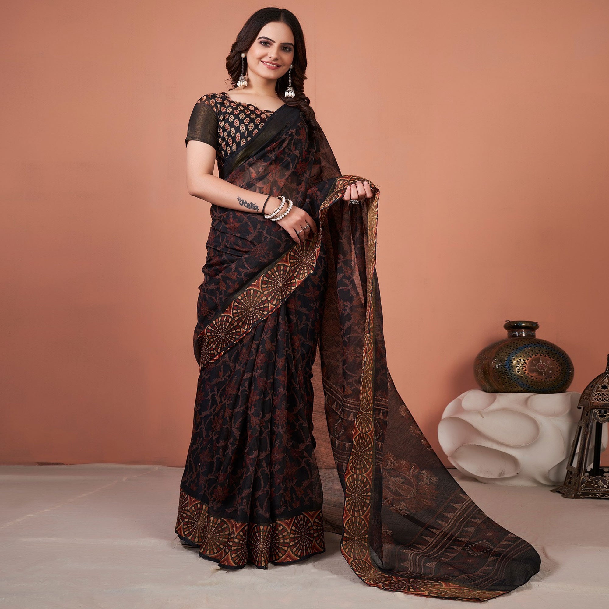 Peachmode Brown Printed Cotton Saree With Tassels