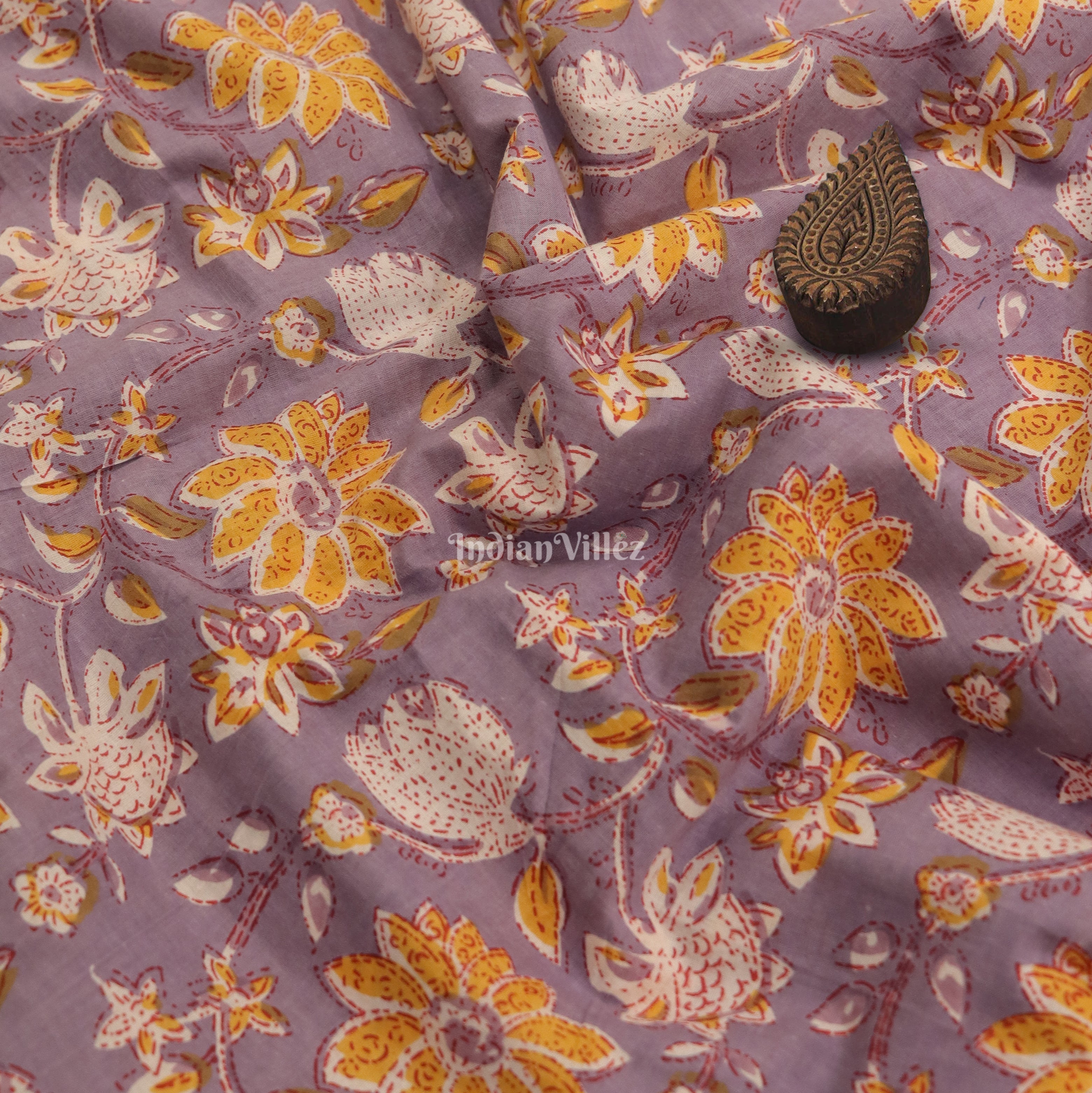 IndianVillèz Lavender Flower Motif Hand Block Printed Cotton Fabric