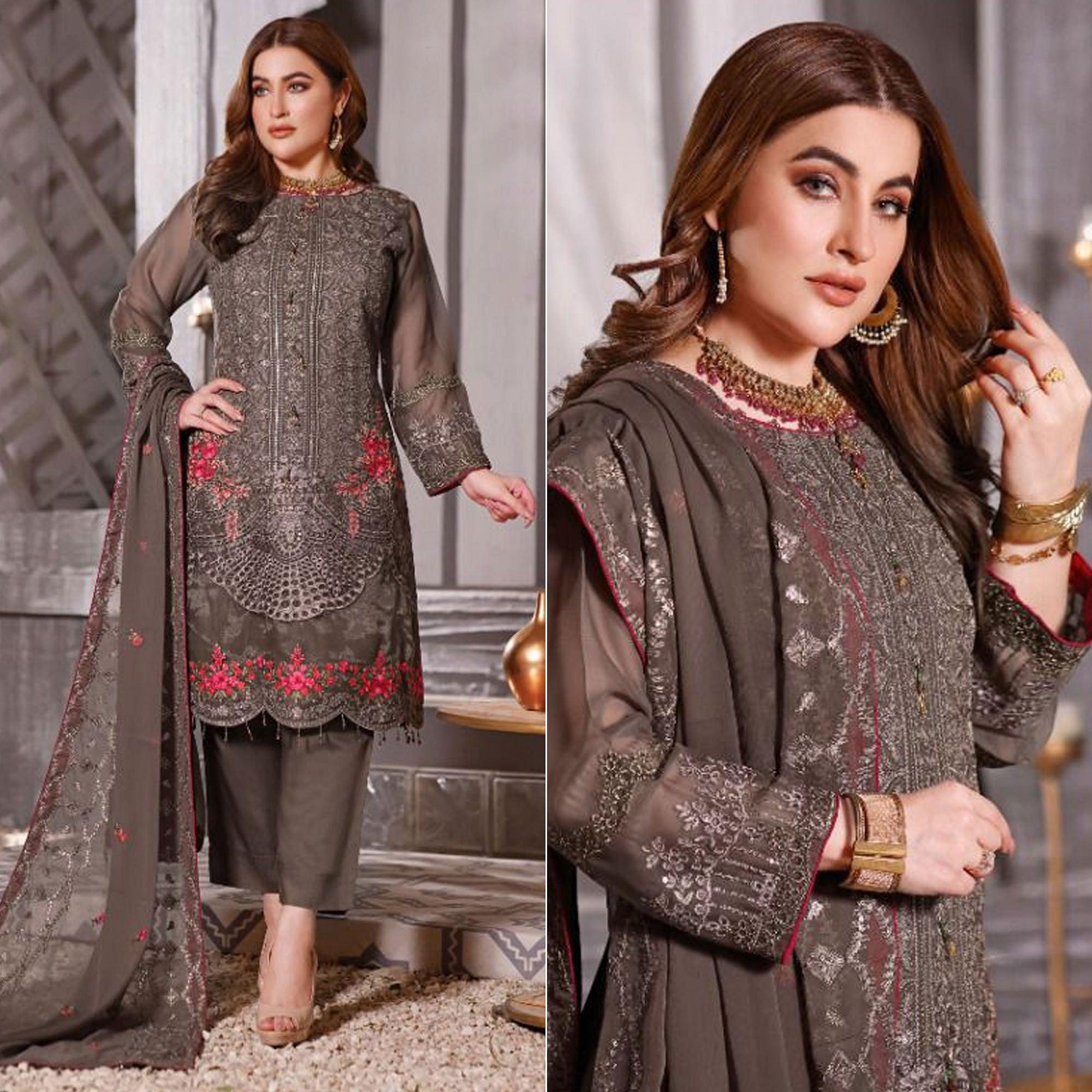 Peachmode Brown Partywear Embroidered Georgette Pakistani Suit