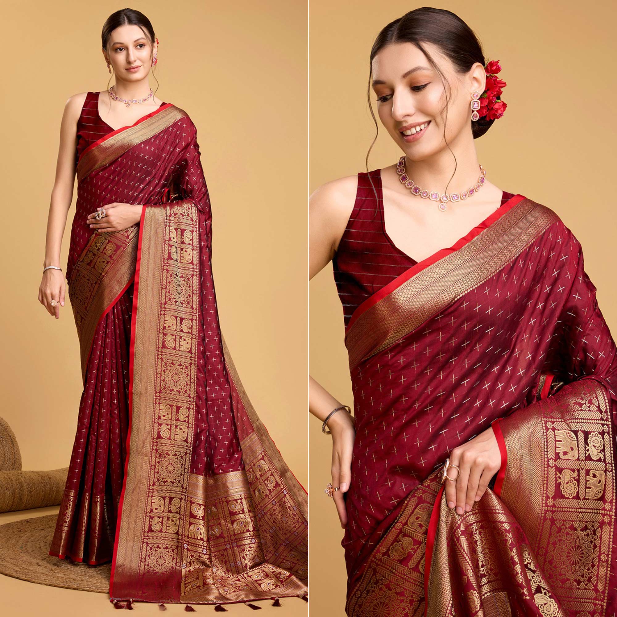 Peachmode Maroon Woven Pure Silk Saree With Tassels