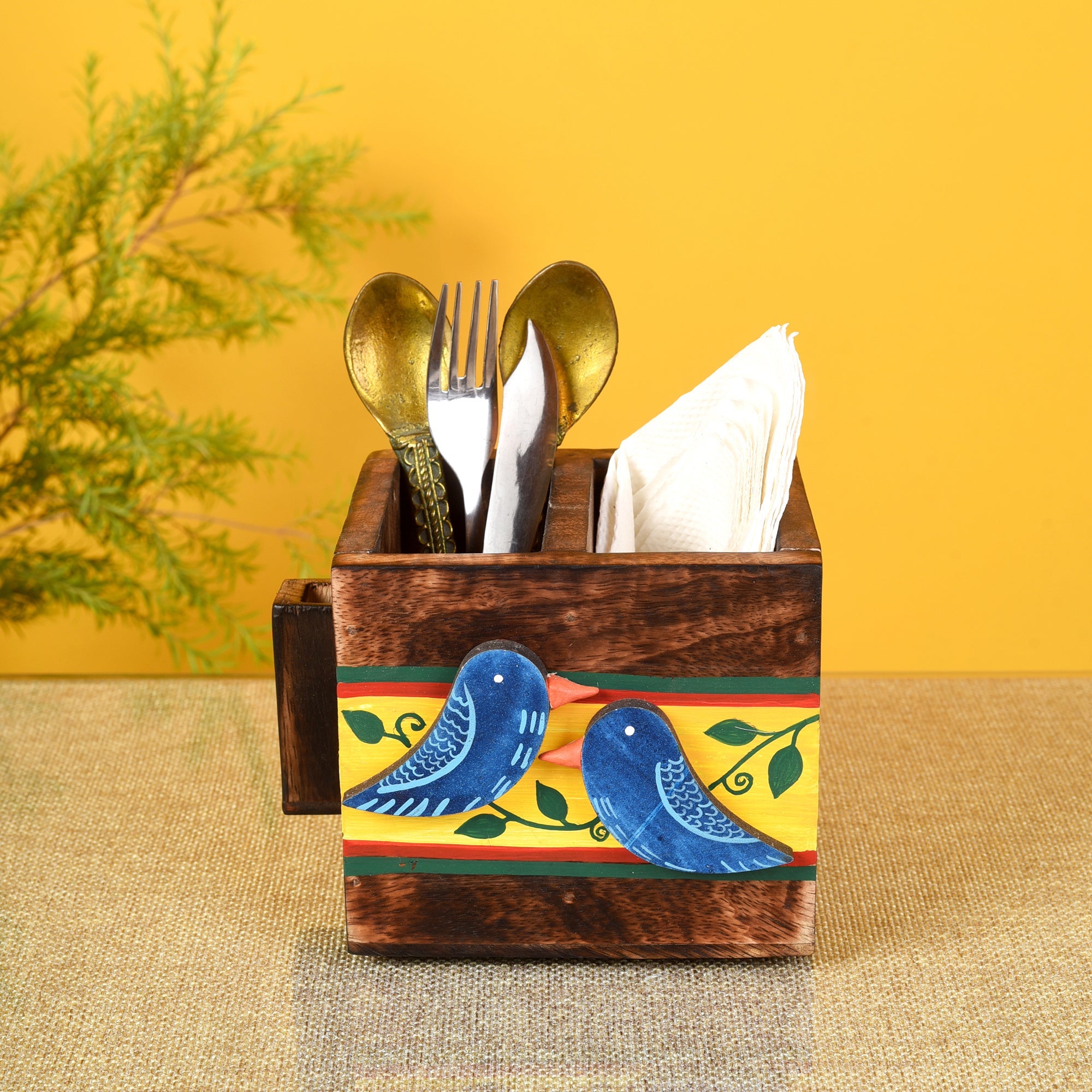 ART CREATIONS BY SUMAN SONTHALIA Brown - Love Birds Cutlery Holder Small (4.5x4x4)