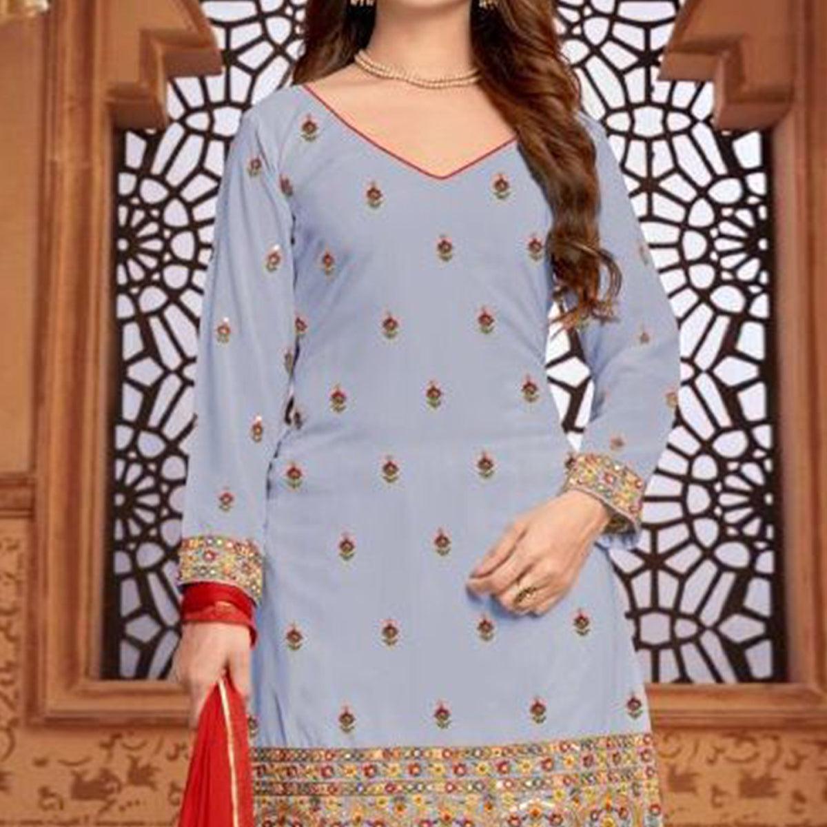 Peachmode Grey Partywear Embroidered Faux Georgette Patiala Suit - view 3
