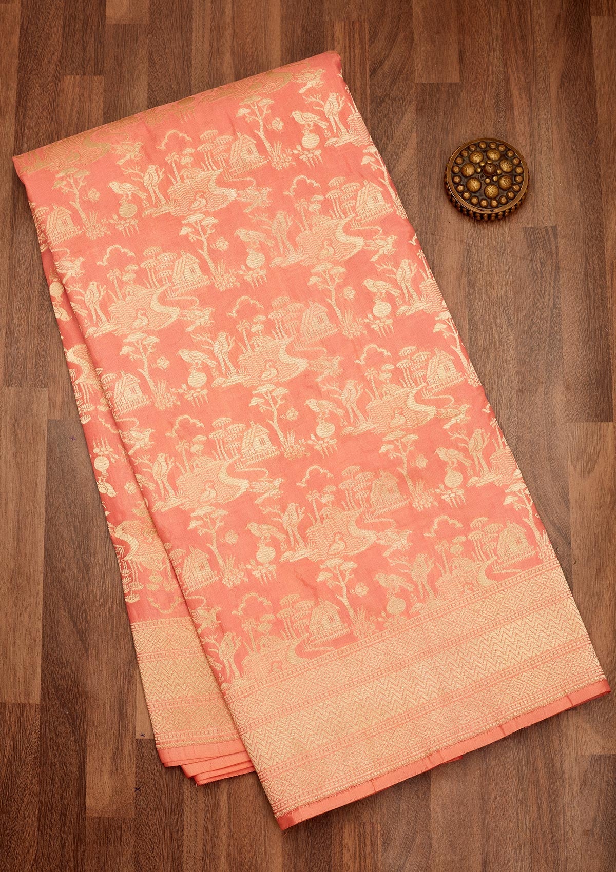 Koskii Peach Zariwork Pure Silk Saree – Women's