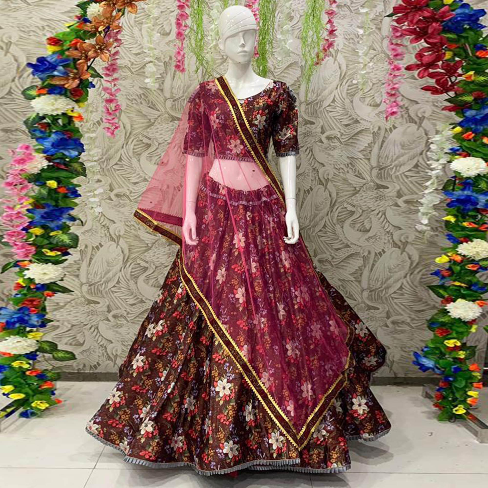 Peachmode Elegant Brown Coloured Partywear Embroidered Dual Satin Lehenga Choli