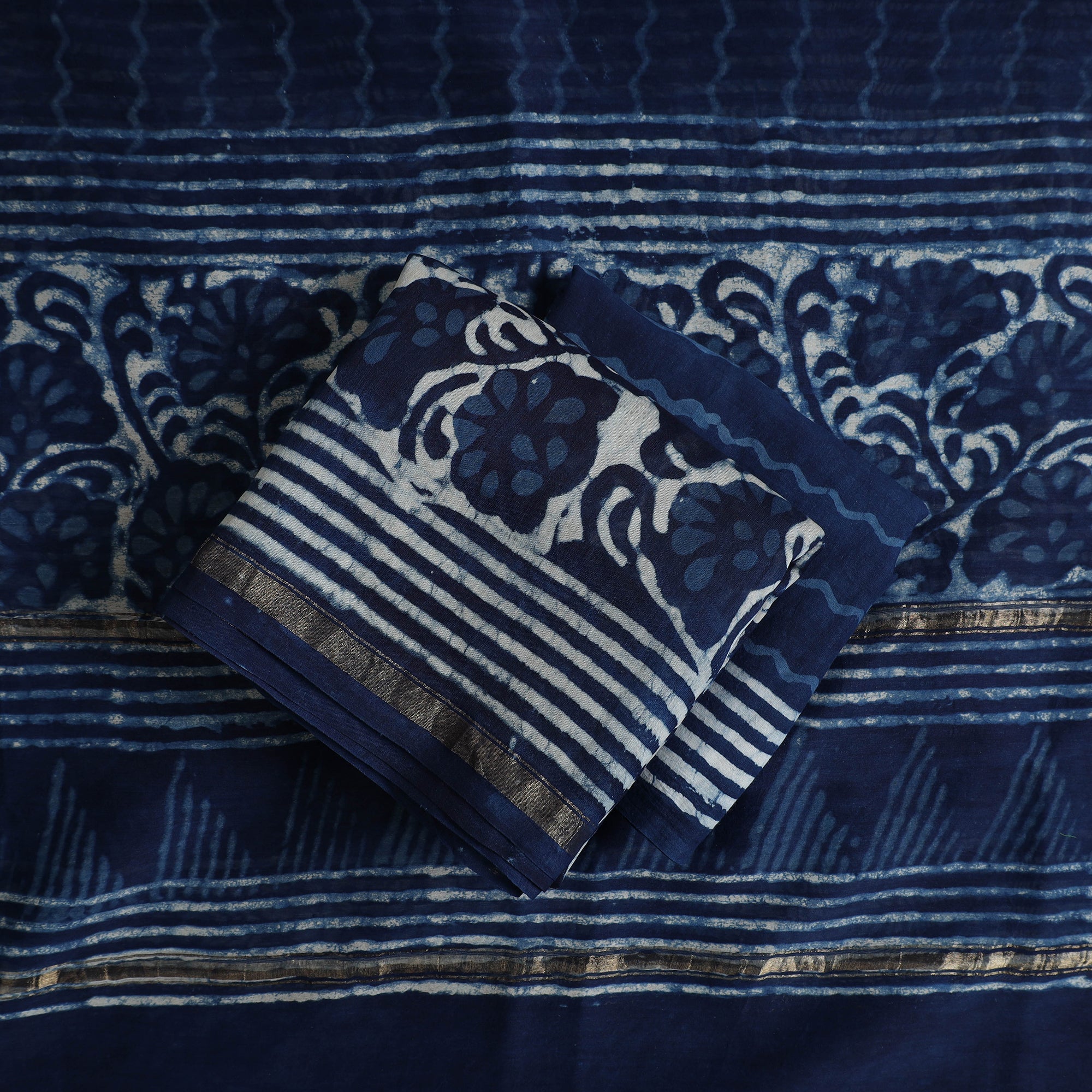ARTISAN HAND BLOCK PRINTS Blue - 3pc Chanderi Silk Indigo Bagru Print Dress Material 04 - view 2
