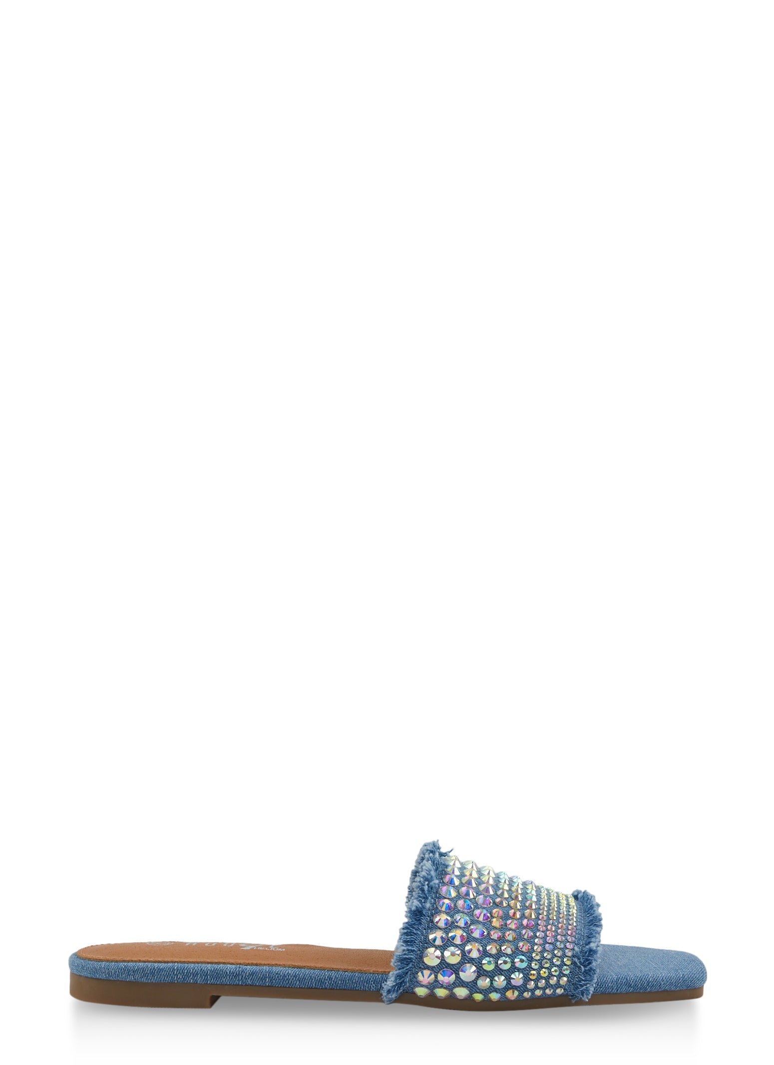 Rainbow Shops Frayed Denim Rhinestone Slide Sandals - view 2