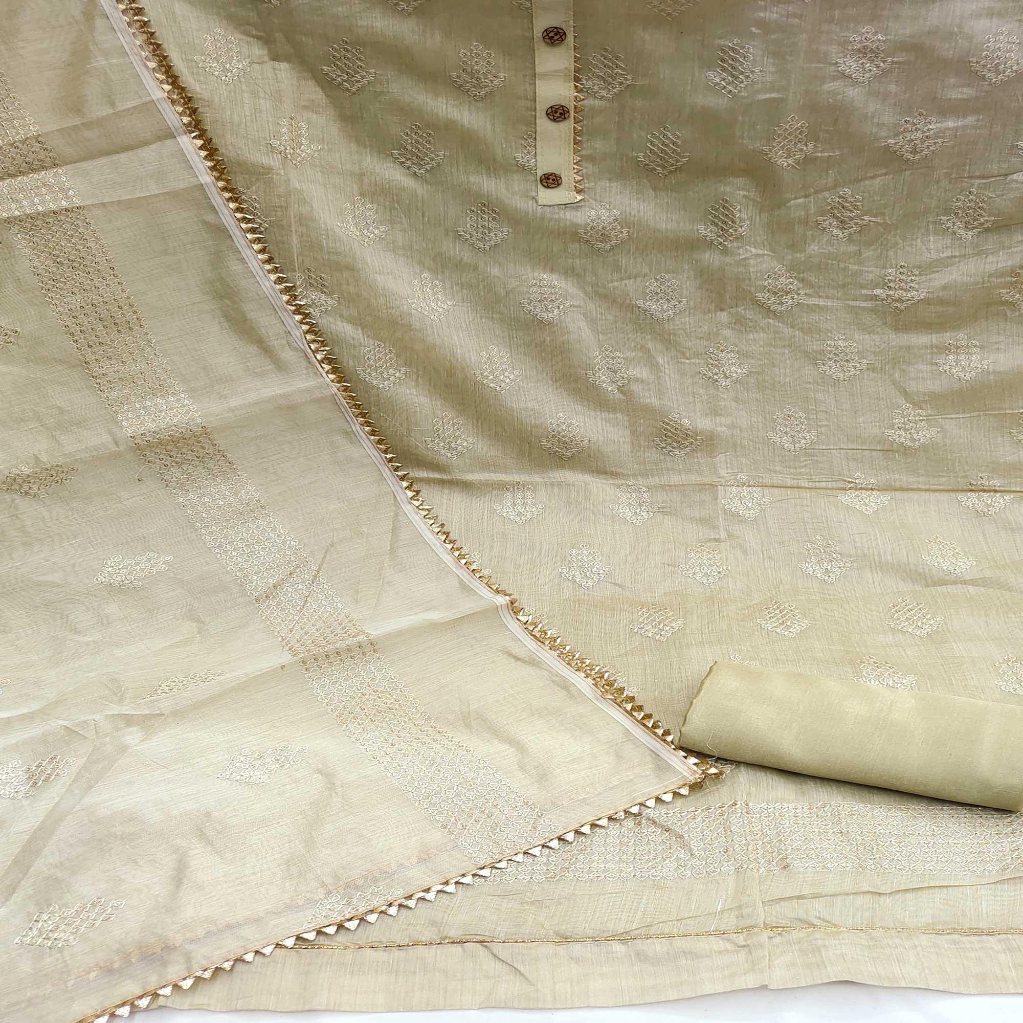 Peachmode Cream Sequins Embroidered Chanderi Dress Material - view 2
