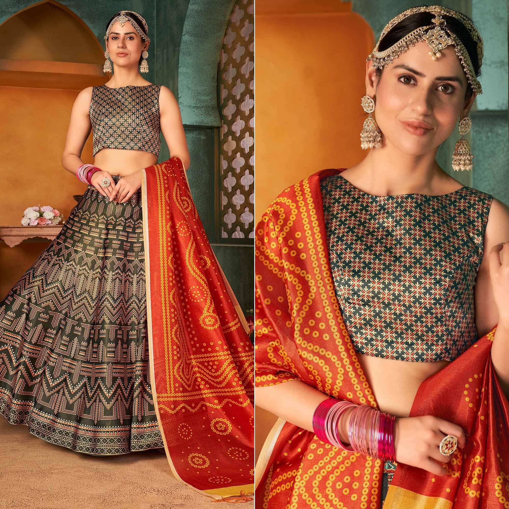Peachmode Bottle Green Printed Pure Silk Lehenga Choli