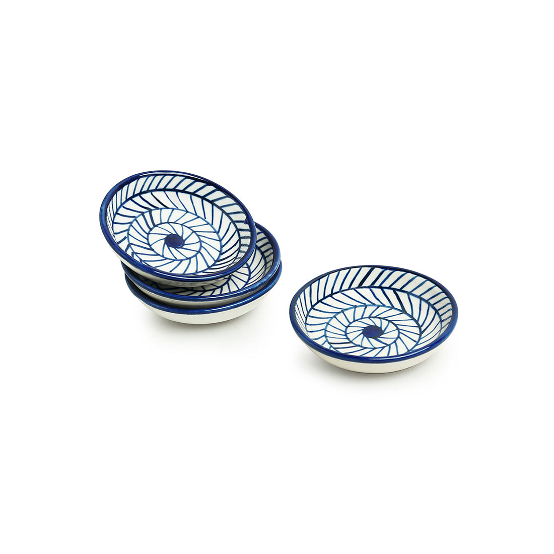 EXCLUSIVELANE Blue - 'Indigo Chevron' Handpainted Ceramic Chutney Bowls (Set of 4, 25 ML, Microwave Safe) - view 2