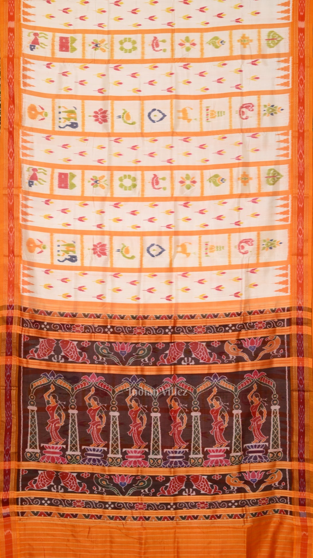 IndianVillèz White Yellow Nabakothi Odisha Ikat Khandua Silk Saree with Nartaki Anchal