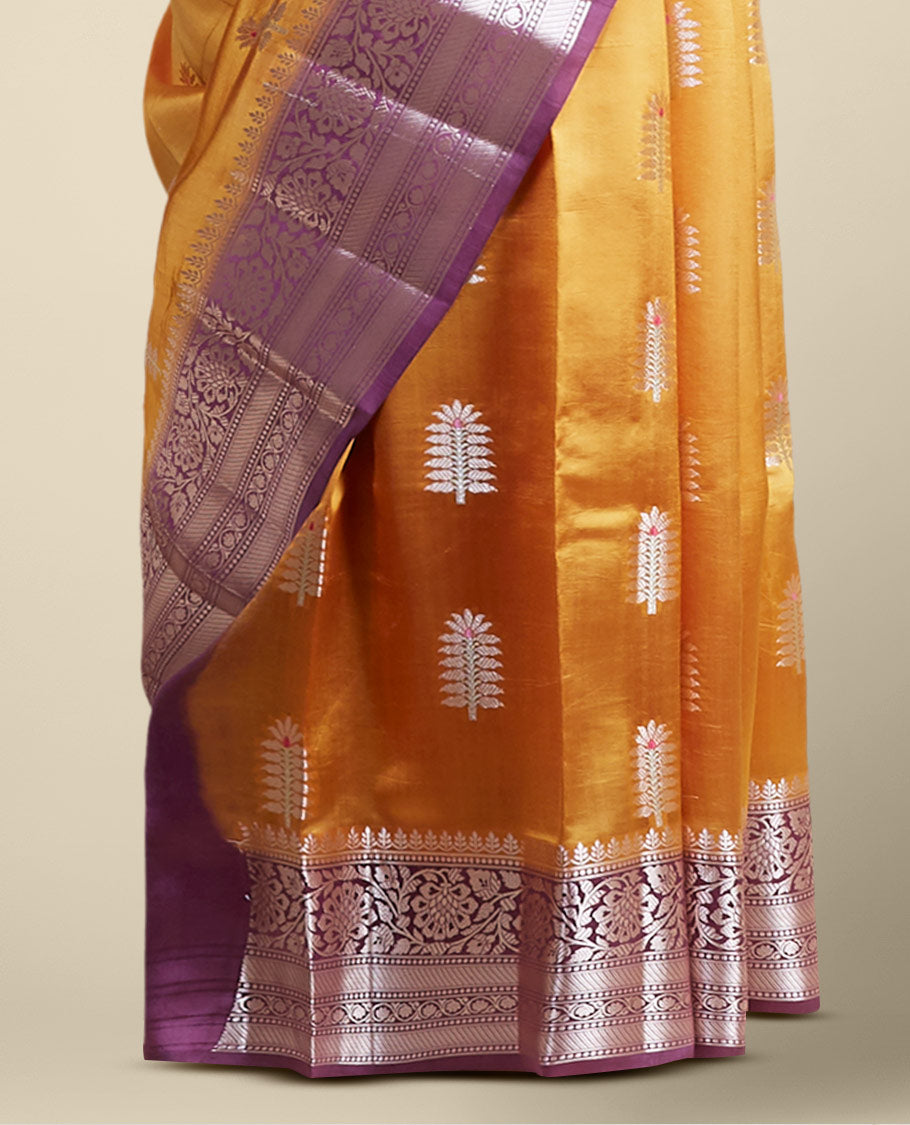 Pothys Yellow floral motifs dupion silk saree with contrast intricate zari design border - view 3