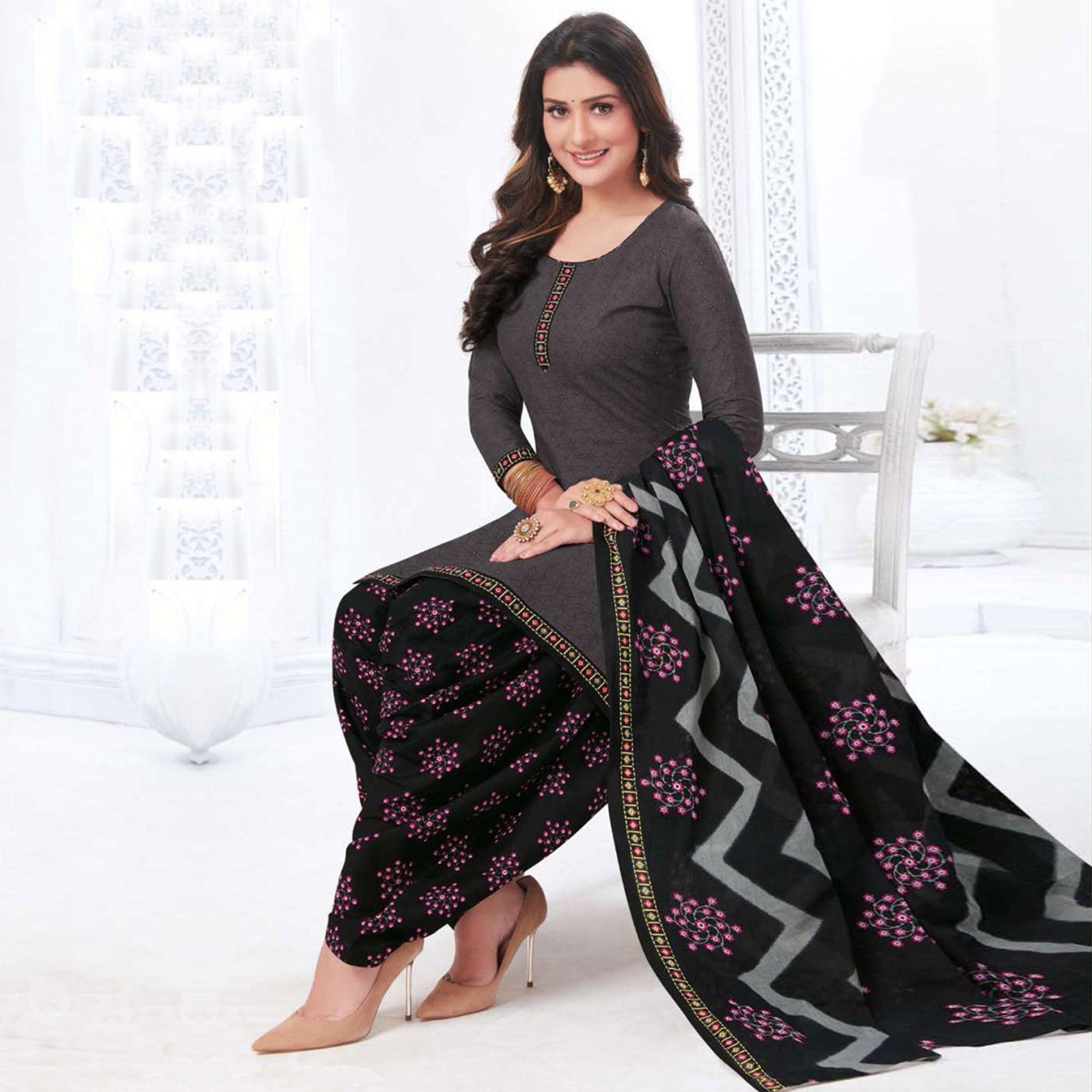 Peachmode Grey Printed Leon Patiala Dress Material