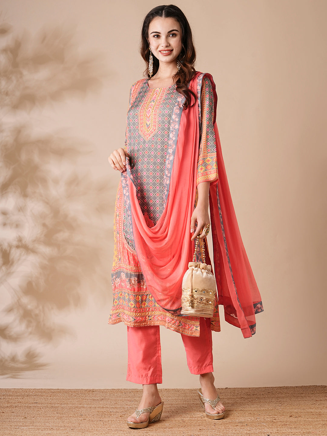 Fashor Floral Ethnic Printed & Embroidered Straight Kurta with Pant & Dupatta - Peach - view 3