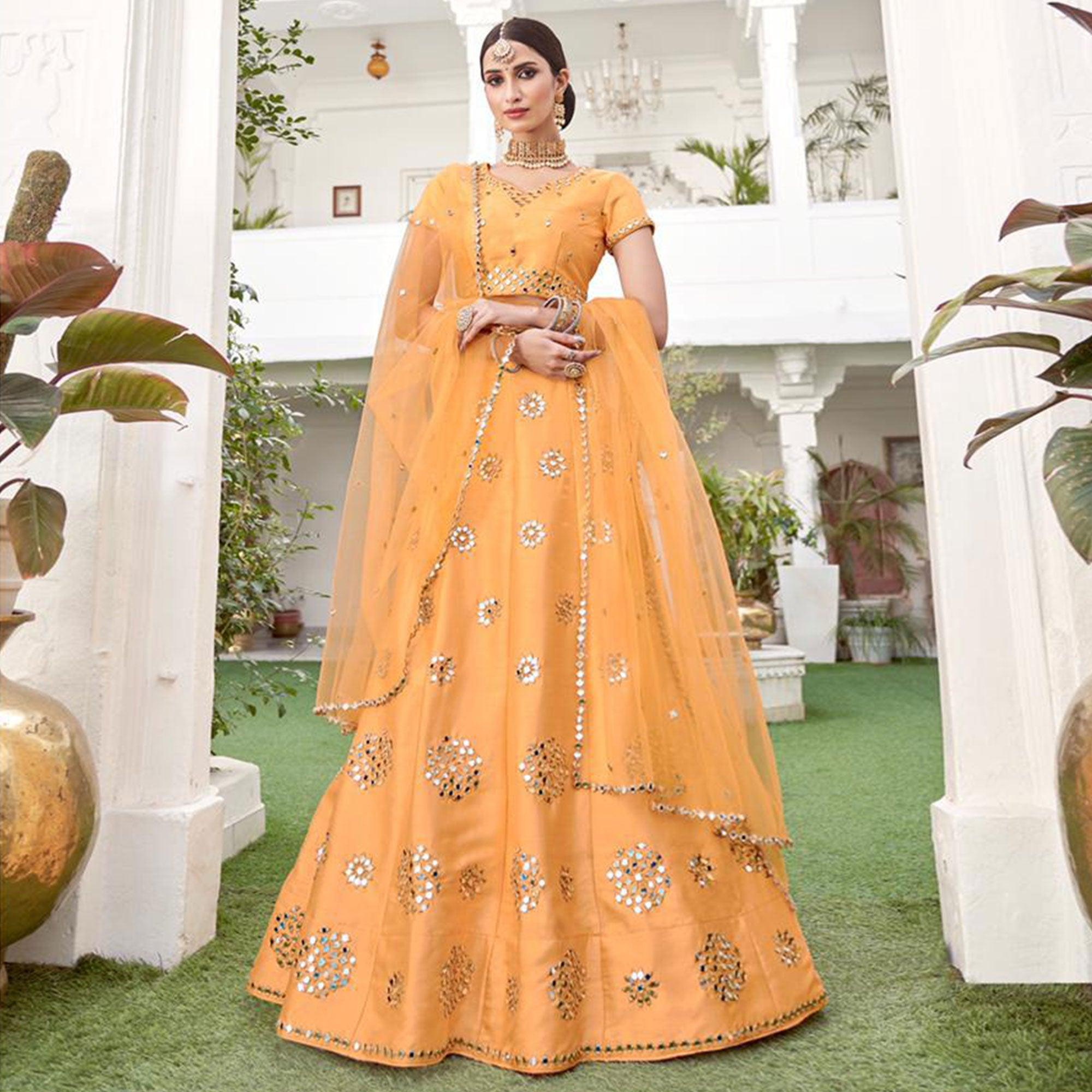 Peachmode Charming Yellow Wedding Wear Zari Embroidery Heavy Silk Lehenga Choli