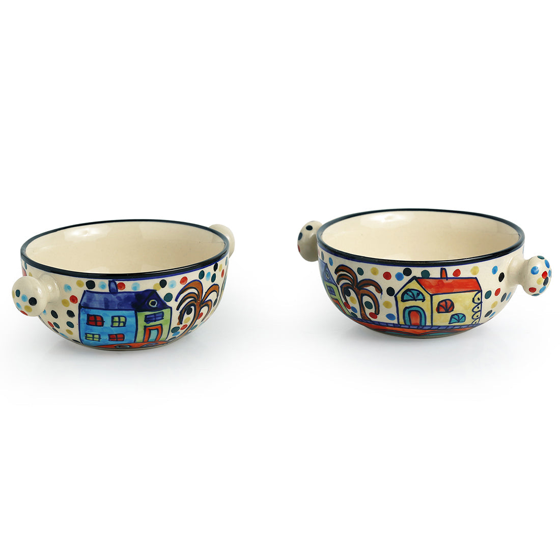 EXCLUSIVELANE 'The Hut Handled Bowls'' Handpainted Ceramic Bowls (Set Of 2) - view 3