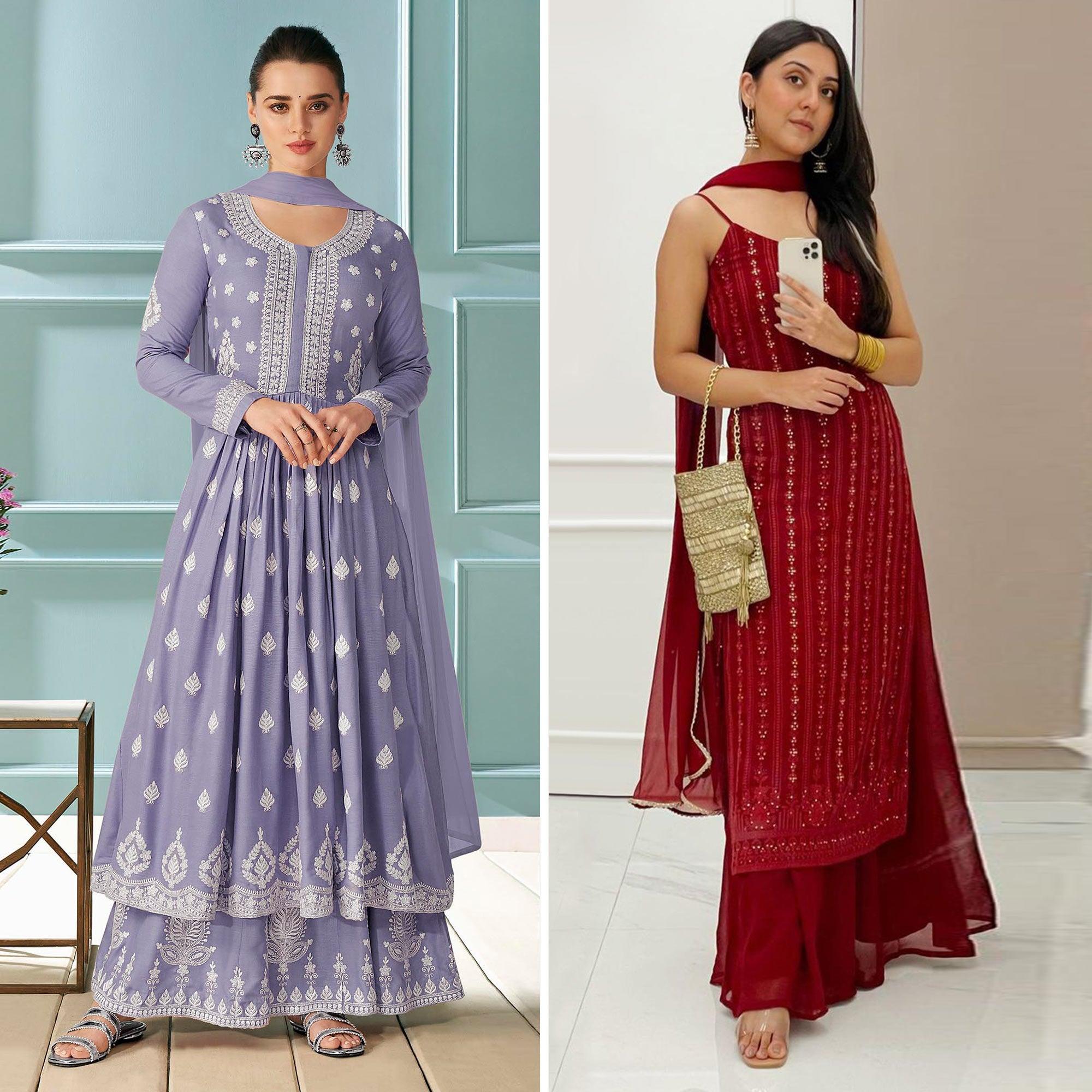 Peachmode Lavender And Maroon Palazzo Suits Pack of 2