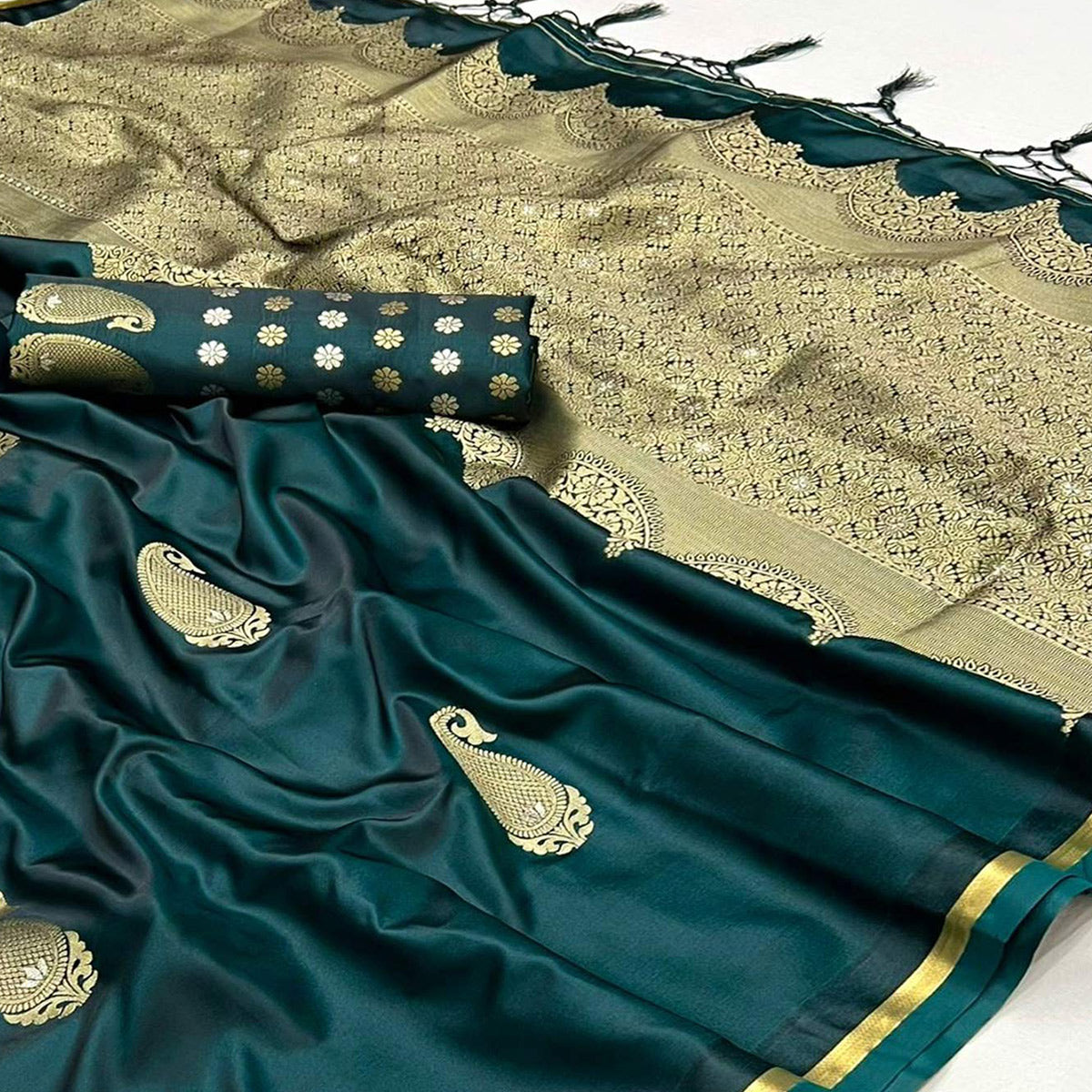 Peachmode Morpich Green Zari Work Woven Satin Saree With Tassels - view 2