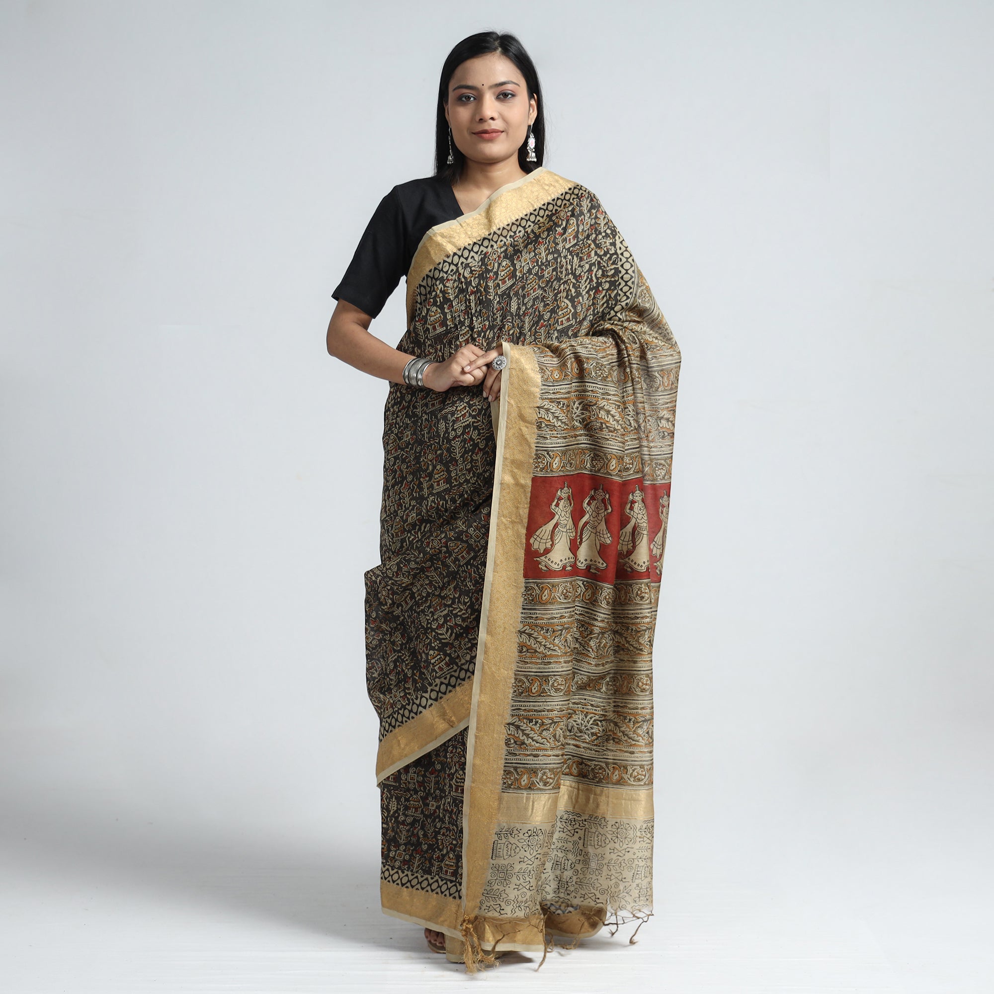 VENKATA BHANU KALAMKARI PEDANA Black - Original Pedana Kalamkari Block Print Silk Saree - view 2
