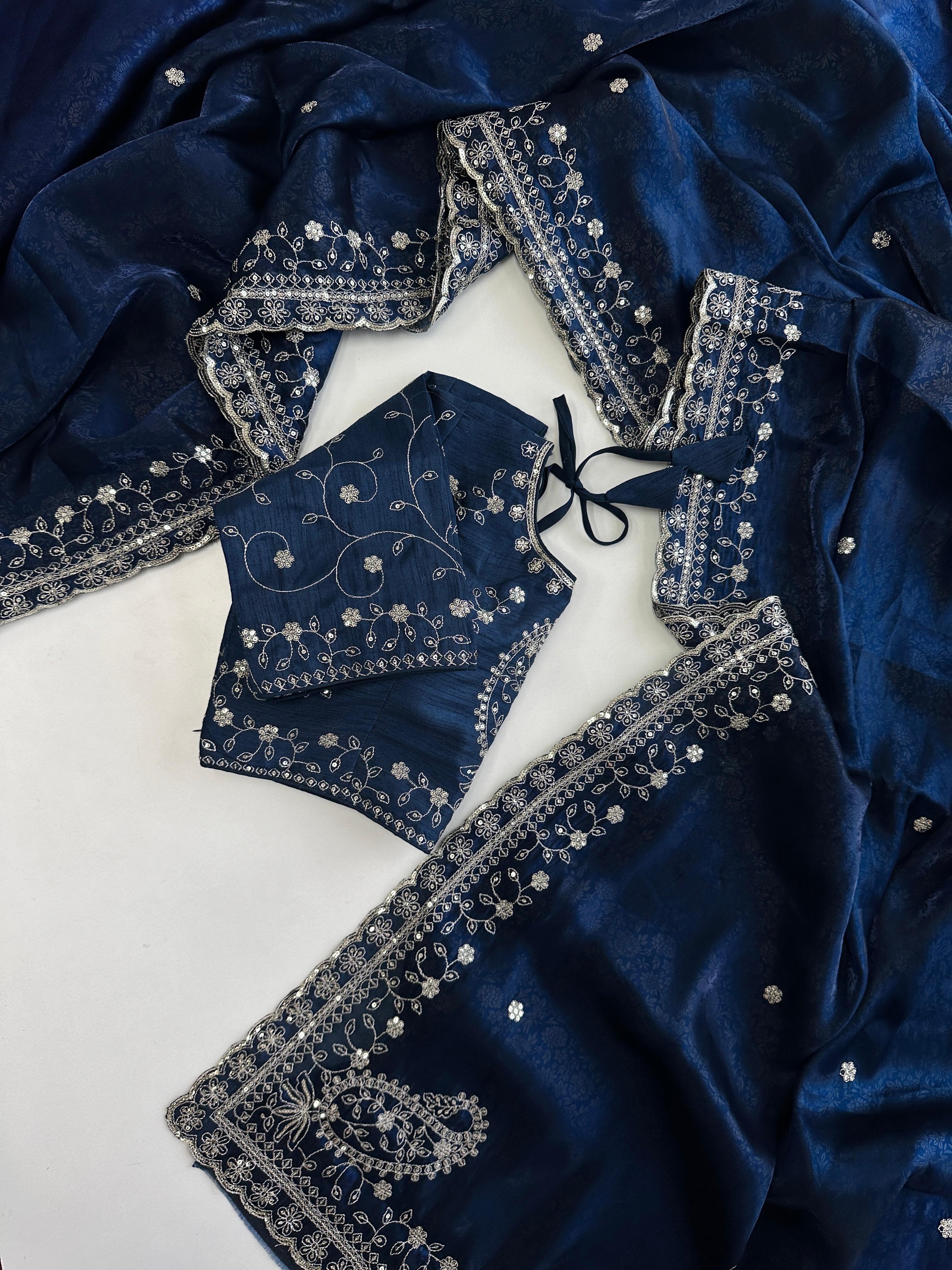 ClothsVilla Navy Blue Soft Silk Saree with Elegant Rubber Weaving & Heavy Embroidery Work - view 2